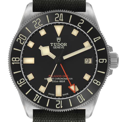 The Tudor Pelagos 2542G257 Men's Titanium Black Dial watch is shown from the front, displaying the dial, hands, date window, and bezel.