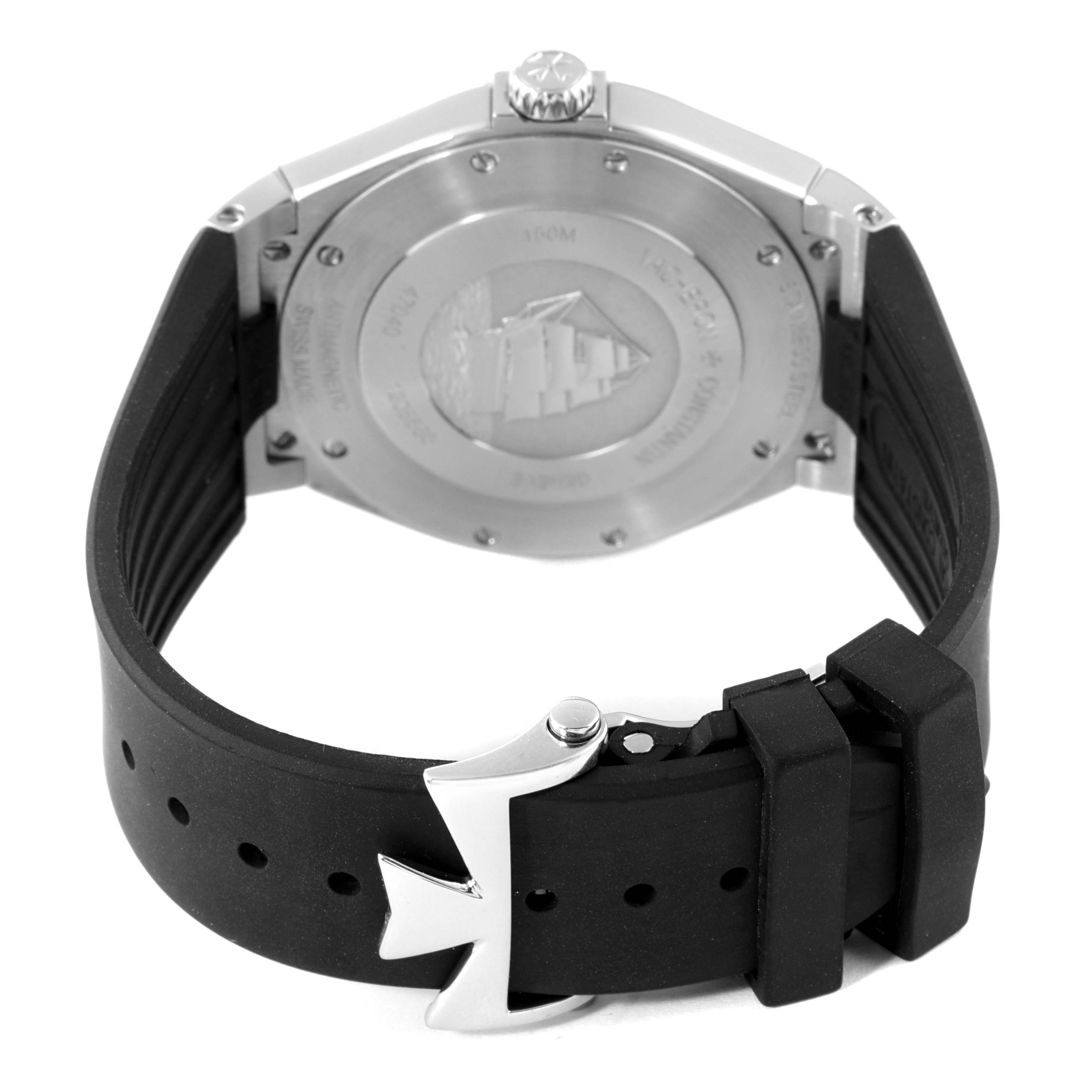 The image shows the back case and clasp of the Vacheron Constantin Overseas 47040/000W-9500 Men's Stainless Steel Black Dial 47040/000W-9500 Men's Stainless Steel Black Dial model watch.