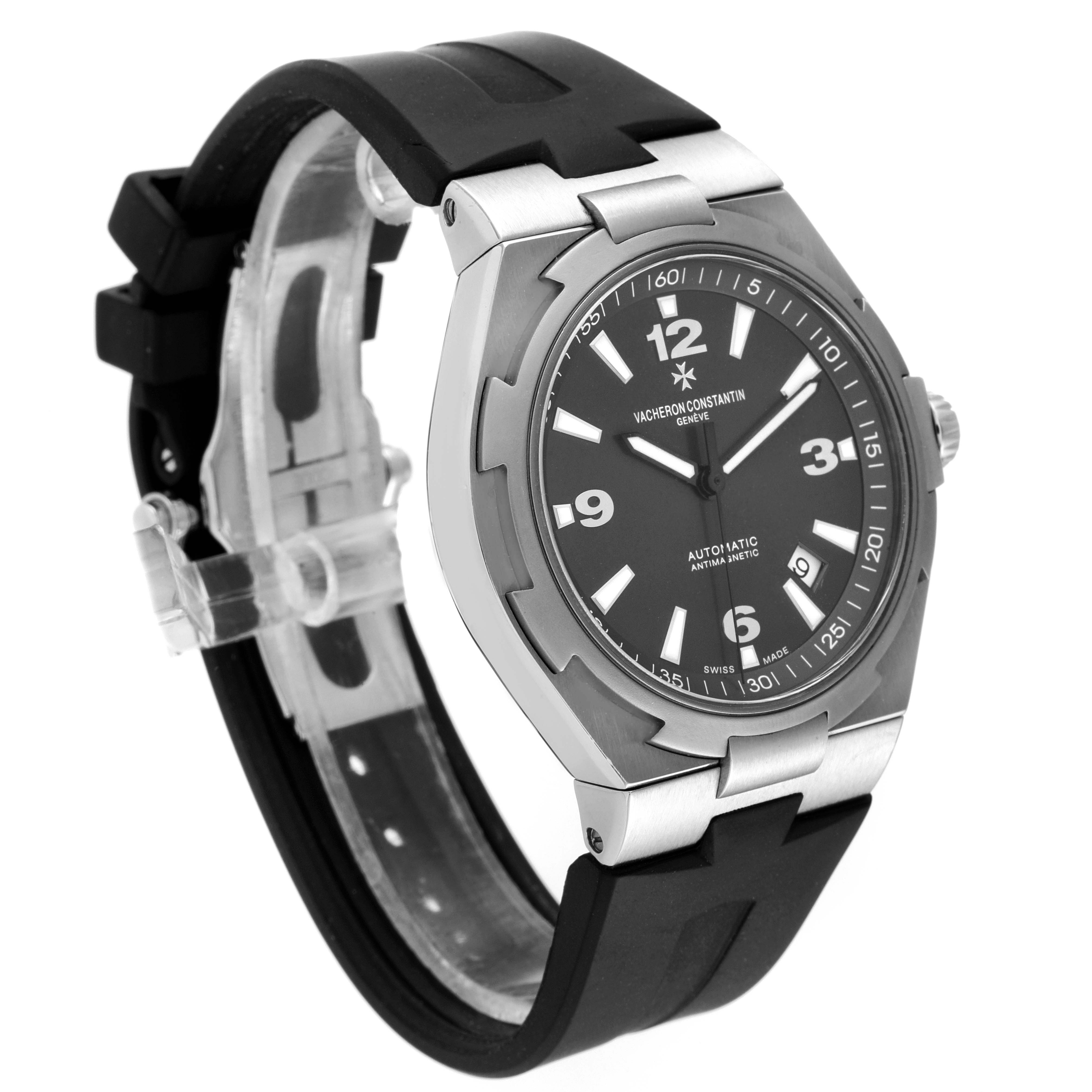 This image shows a Vacheron Constantin Overseas 47040/000W-9500 Men's Stainless Steel Black Dial 47040/000W-9500 Men's Stainless Steel Black Dial model watch angled to display the face, bezel, and rubber strap.