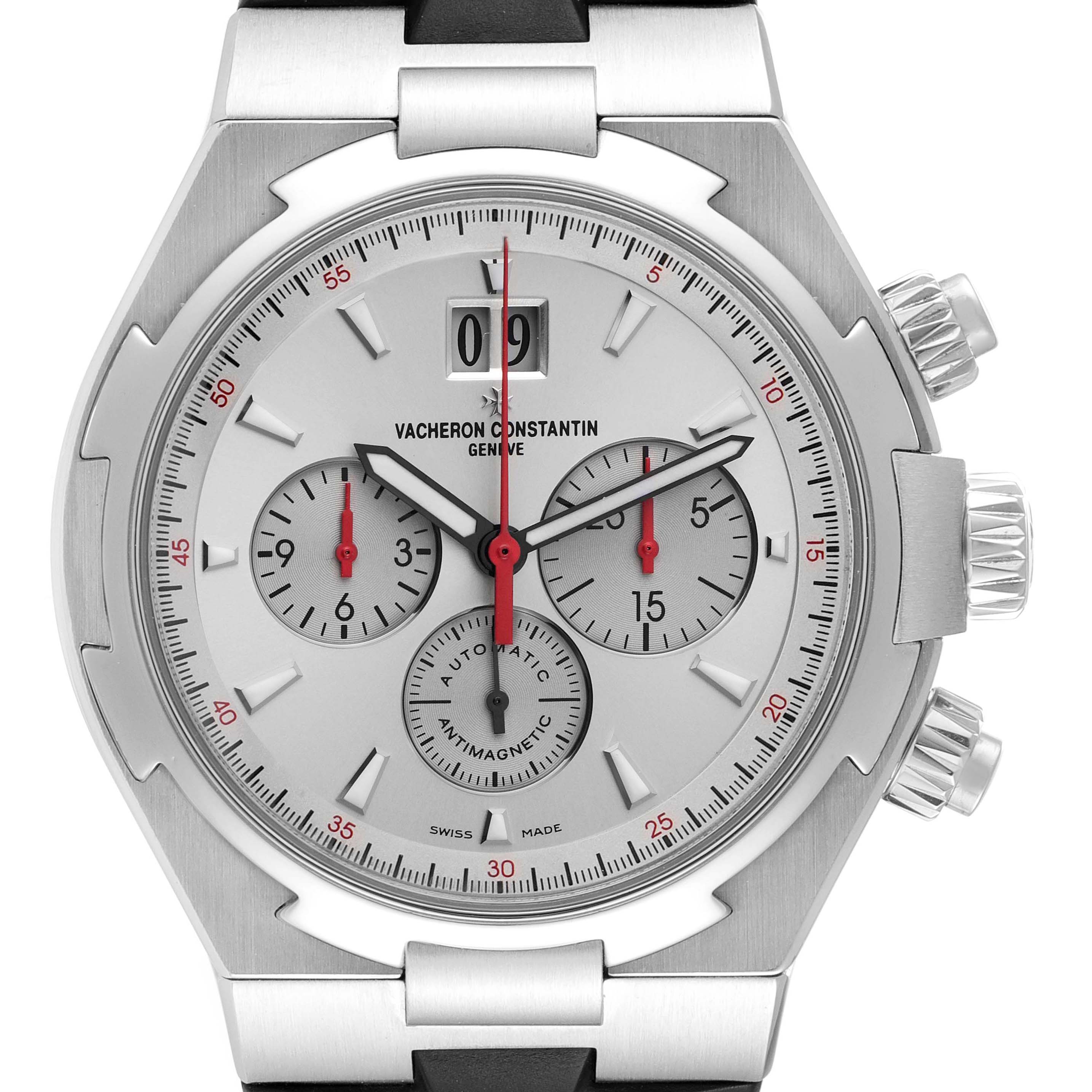 This image shows the front view of the Vacheron Constantin Overseas 49150/000A-9017 Men's Stainless Steel Silver Dial 49150/000A-9017 Men's Stainless Steel Silver Dial watch, displaying the dial, chronograph sub-dials, and date window.