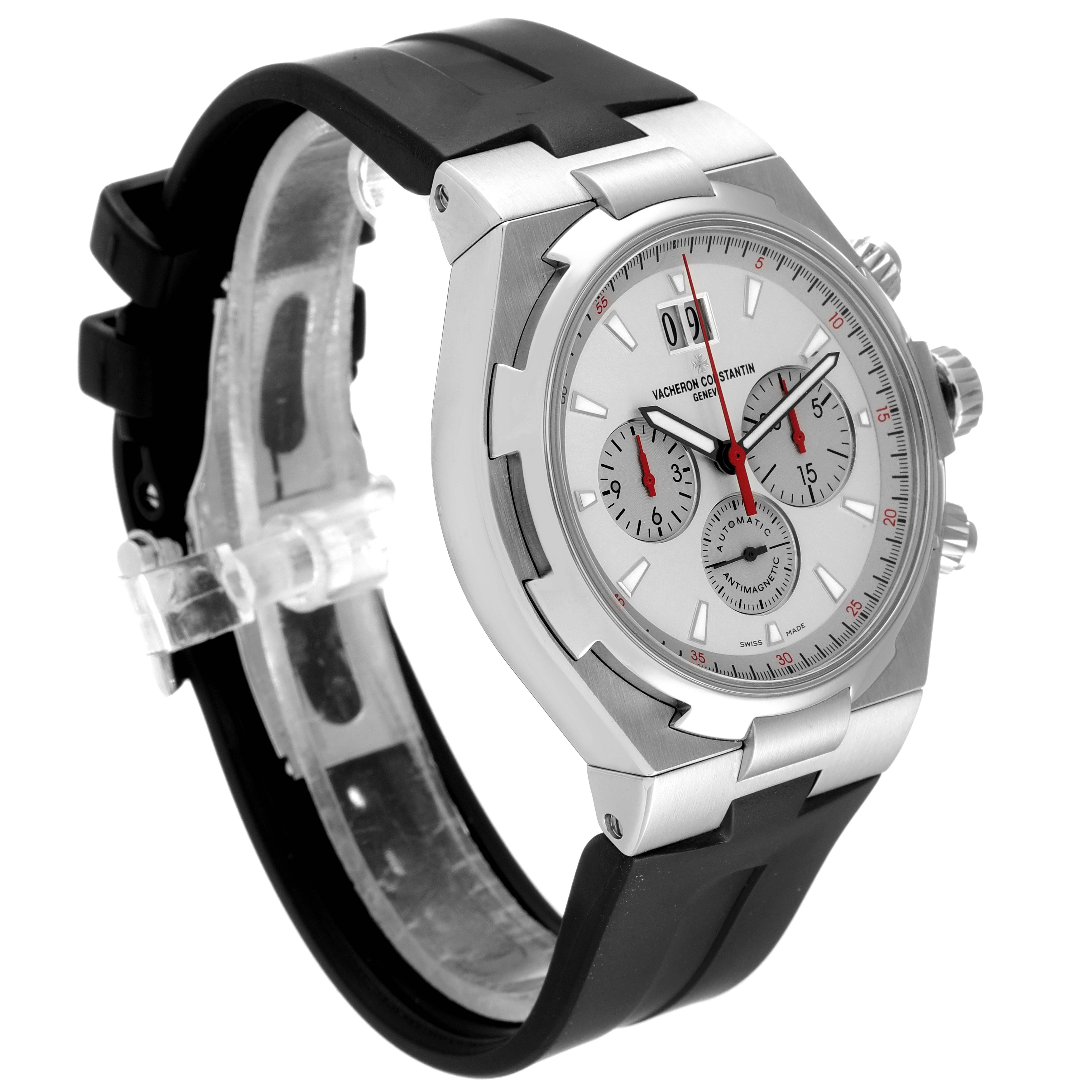 This image shows a Vacheron Constantin Overseas 49150/000A-9017 Men's Stainless Steel Silver Dial 49150/000A-9017 Men's Stainless Steel Silver Dial watch from a three-quarter angle highlighting the dial, crown, and portion of the strap.