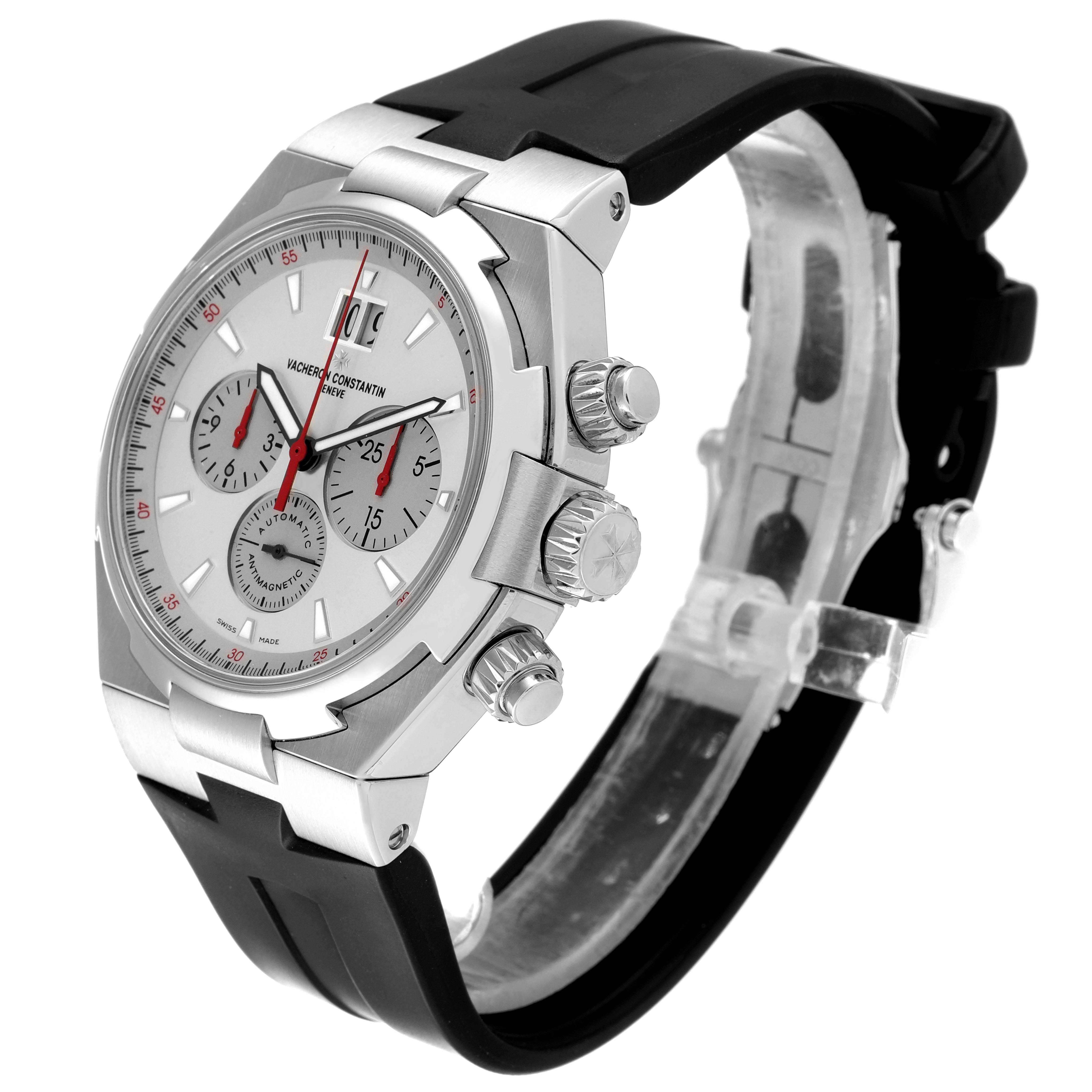 The image shows a side angle of the Vacheron Constantin Overseas 49150/000A-9017 Men's Stainless Steel Silver Dial 49150/000A-9017 Men's Stainless Steel Silver Dial watch, including the face, buttons, and black strap.