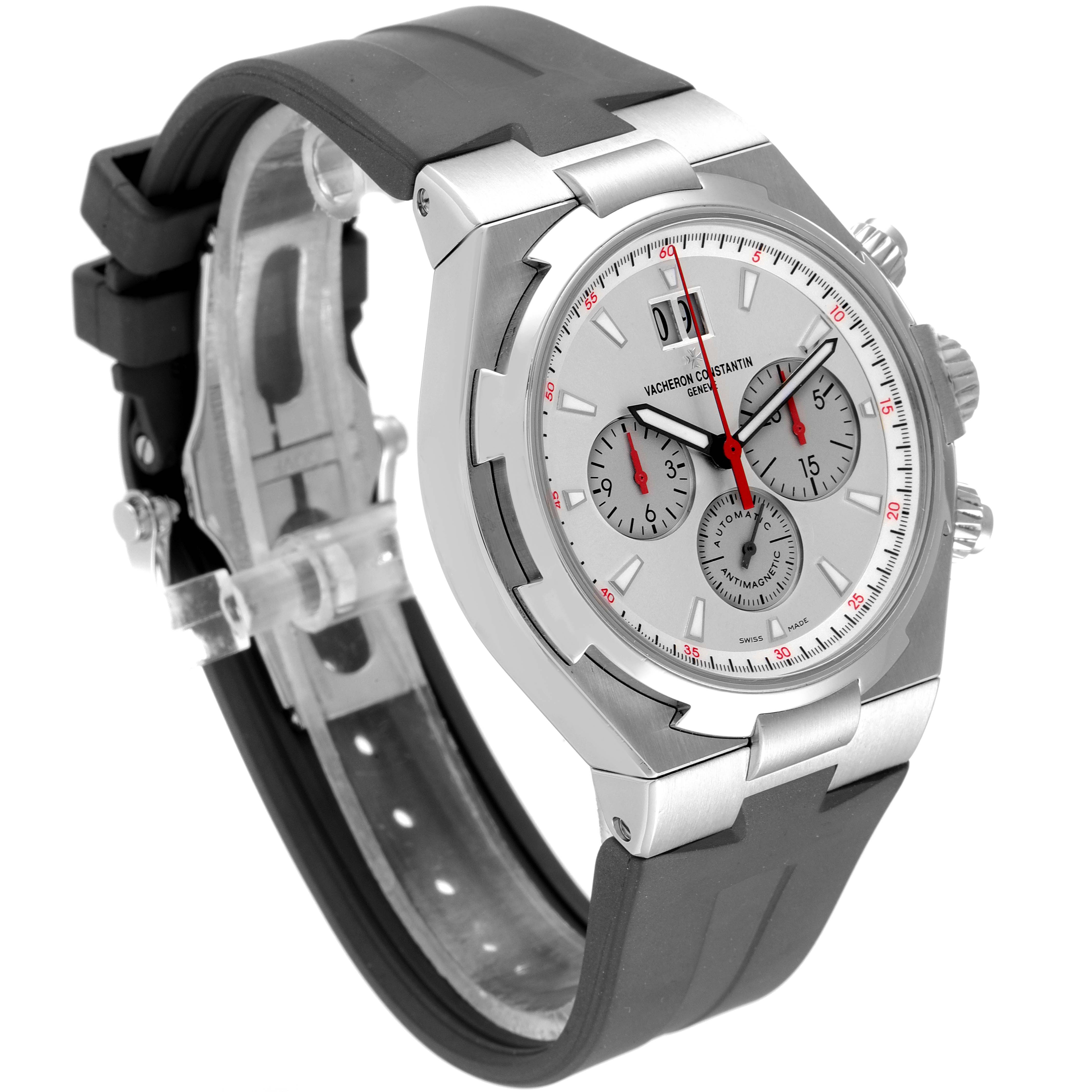 The Vacheron Constantin Overseas 49150/000A-9017 Men's Stainless Steel Silver Dial 49150/000A-9017 Men's Stainless Steel Silver Dial watch is shown at a three-quarter angle, highlighting the dial, bezel, and strap.