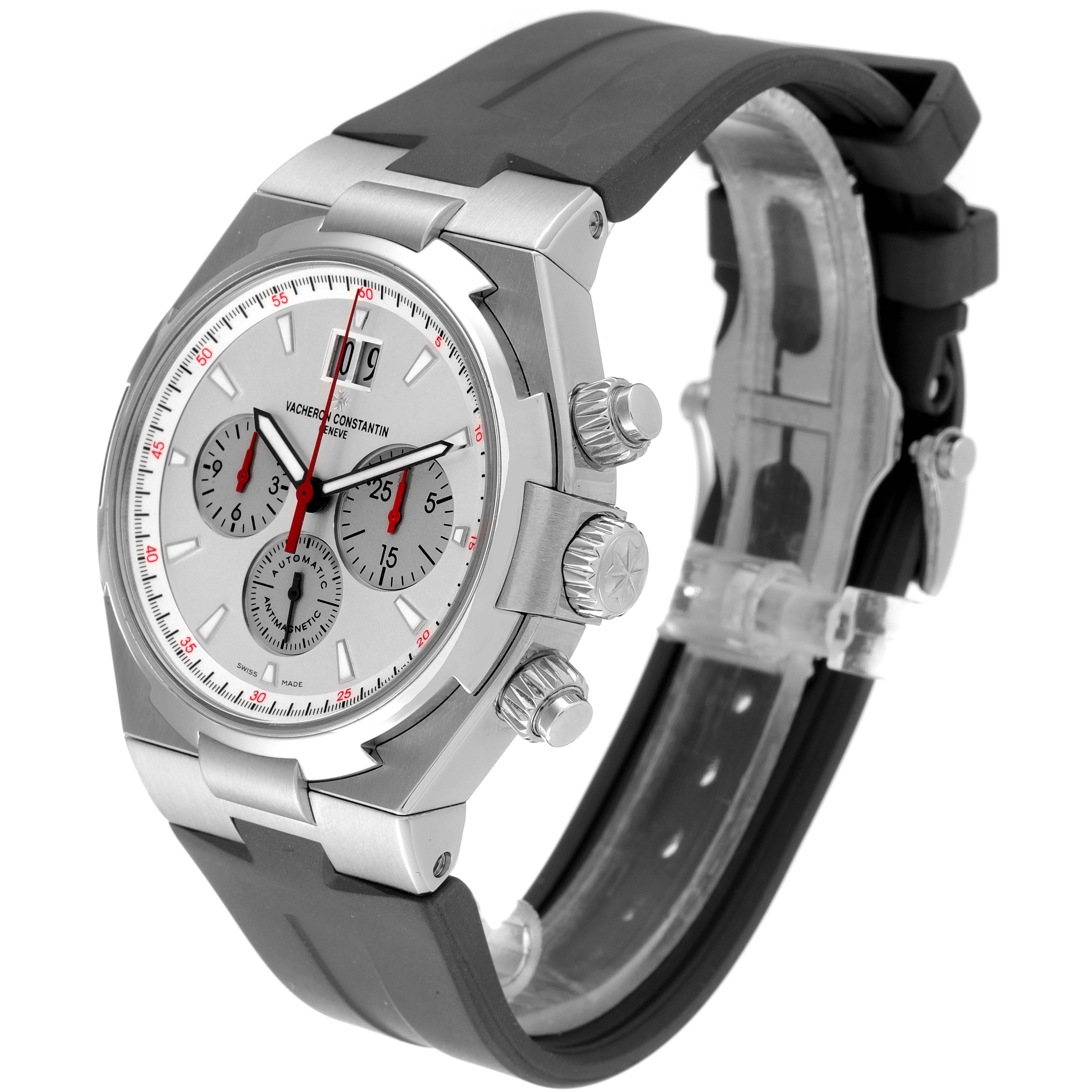 The image shows a side-angle view of a Vacheron Constantin Overseas 49150/000A-9017 Men's Stainless Steel Silver Dial 49150/000A-9017 Men's Stainless Steel Silver Dial watch, highlighting its case, dial, pushers, and strap.