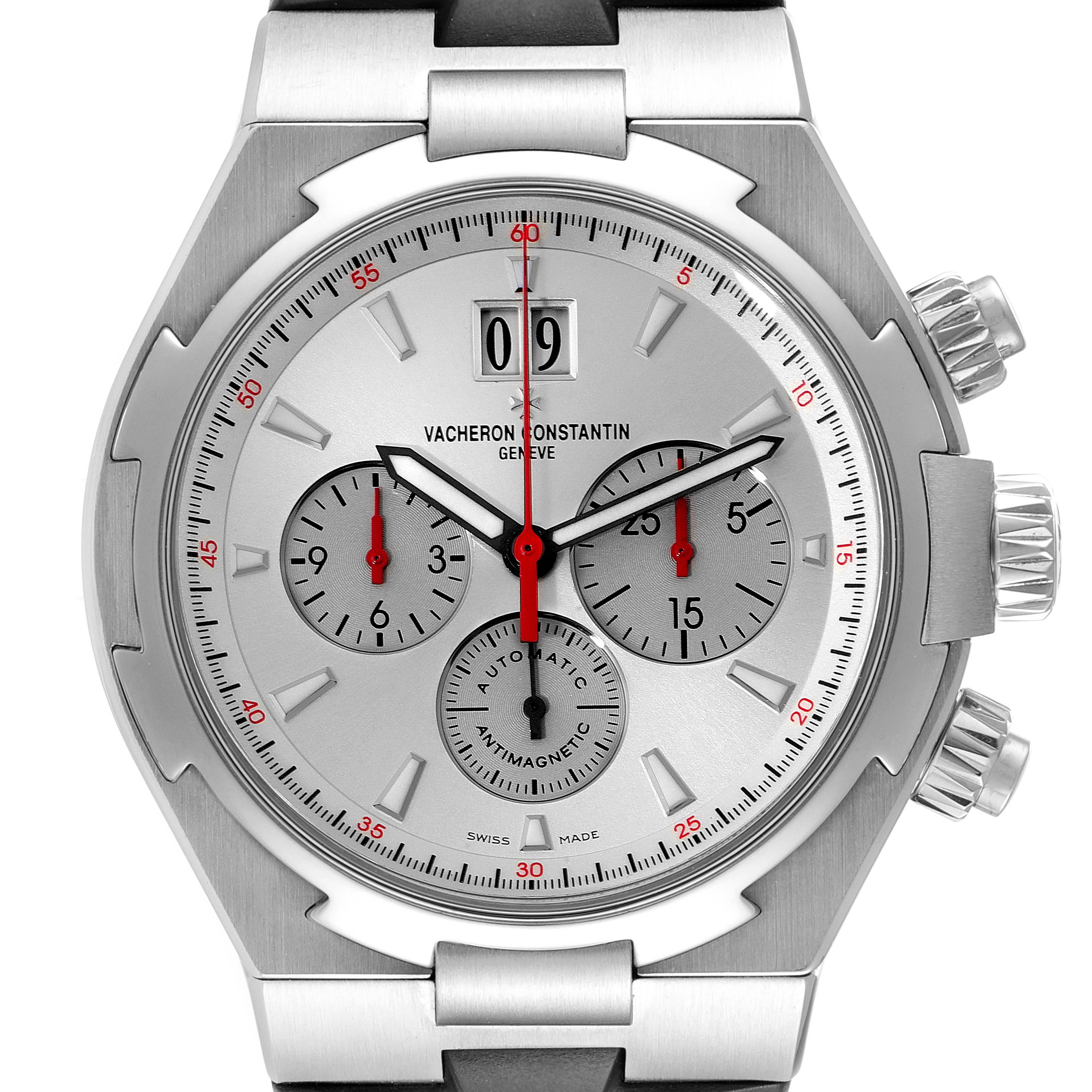 This Vacheron Constantin Overseas 49150/000A-9017 Men's Stainless Steel Silver Dial 49150/000A-9017 Men's Stainless Steel Silver Dial watch is shown with a front-facing angle, displaying its dial, hands, and chronograph subdials.