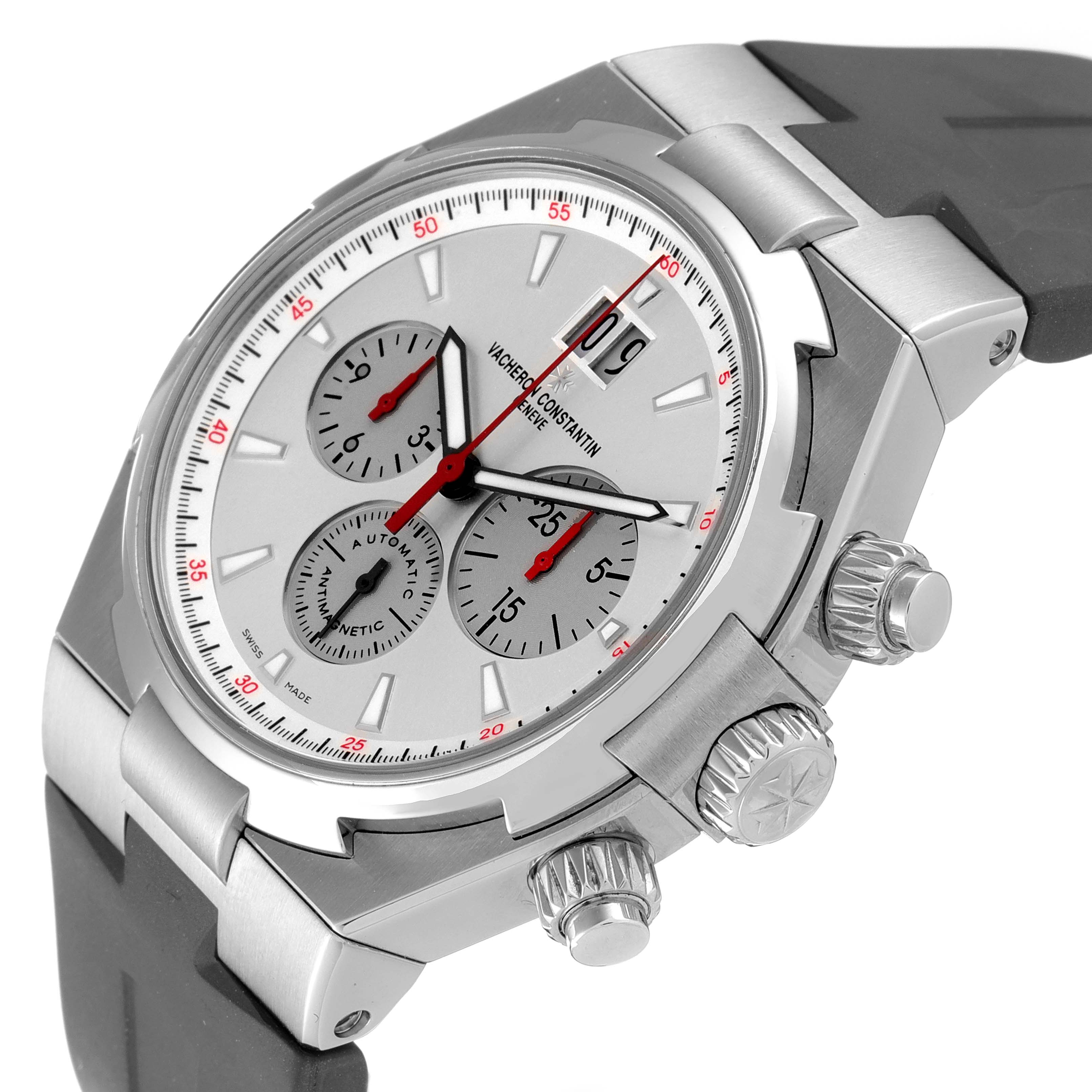 The Vacheron Constantin Overseas 49150/000A-9017 Men's Stainless Steel Silver Dial 49150/000A-9017 Men's Stainless Steel Silver Dial watch is shown at an angled view, highlighting its dial, crown, pushers, and rubber strap.