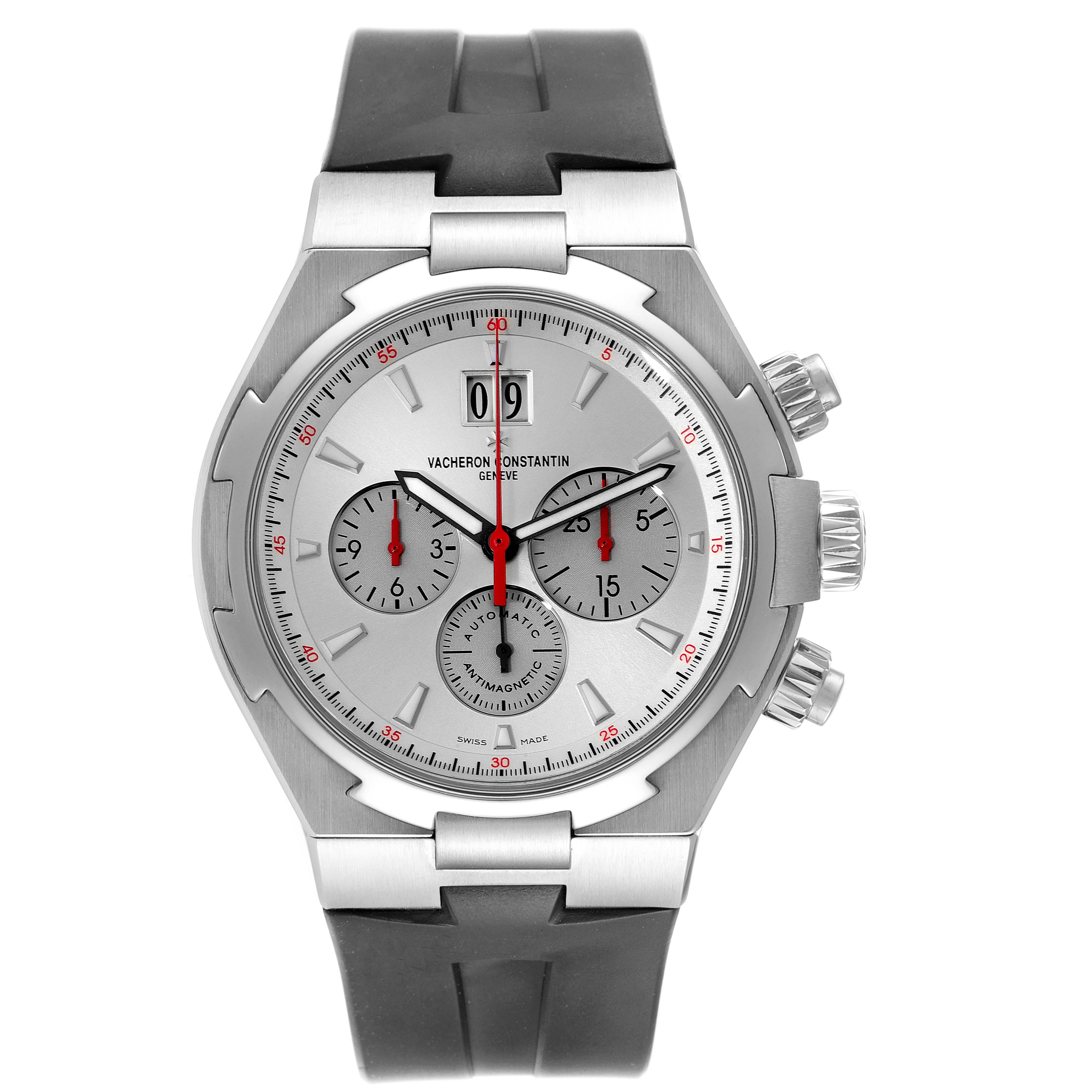 This image shows a front view of the Vacheron Constantin Overseas 49150/000A-9017 Men's Stainless Steel Silver Dial 49150/000A-9017 Men's Stainless Steel Silver Dial model watch, highlighting its dial, bezel, strap, and pushers.