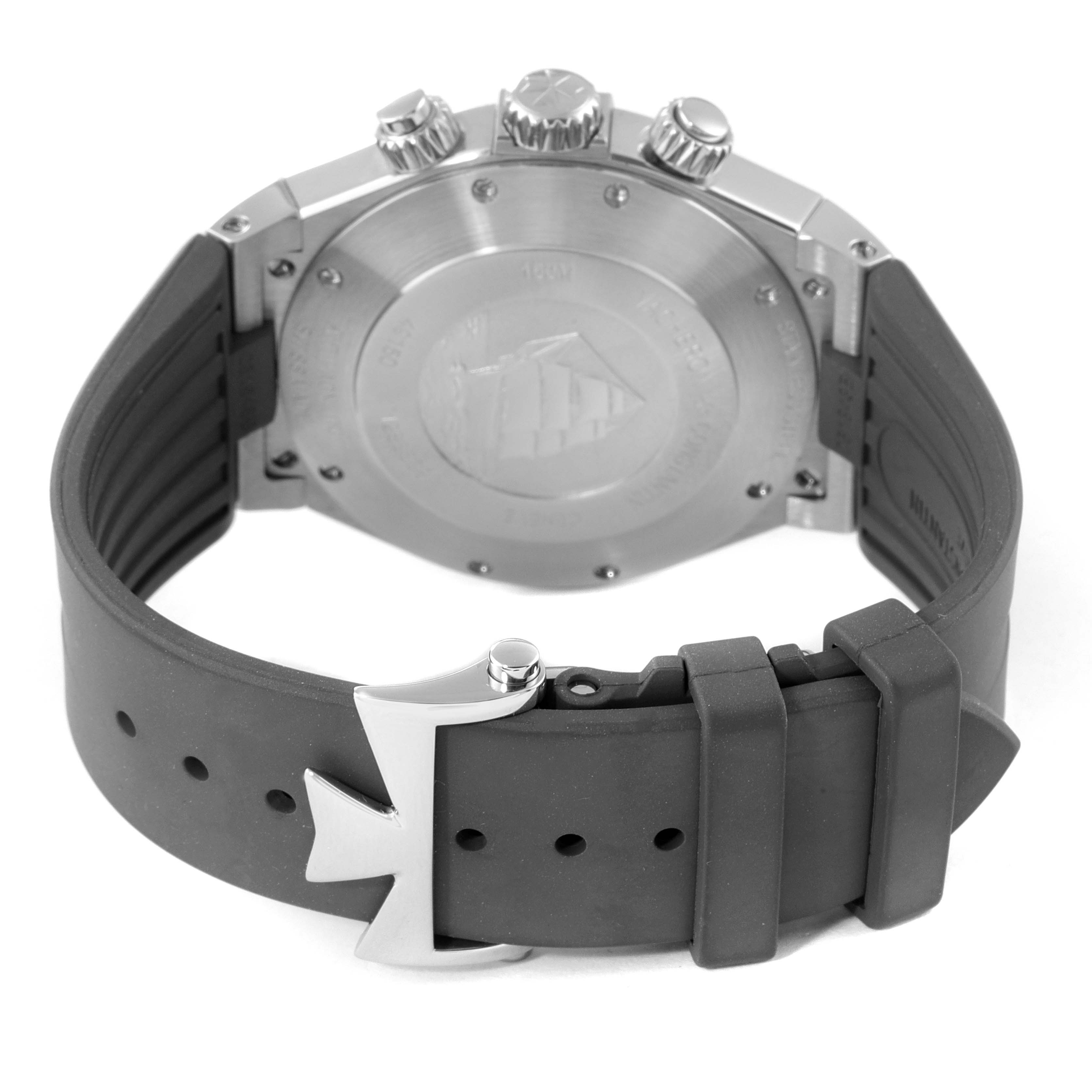 The image shows the back view of the Vacheron Constantin Overseas 49150/000A-9017 Men's Stainless Steel Silver Dial 49150/000A-9017 Men's Stainless Steel Silver Dial watch, highlighting the case back, clasp, and strap.