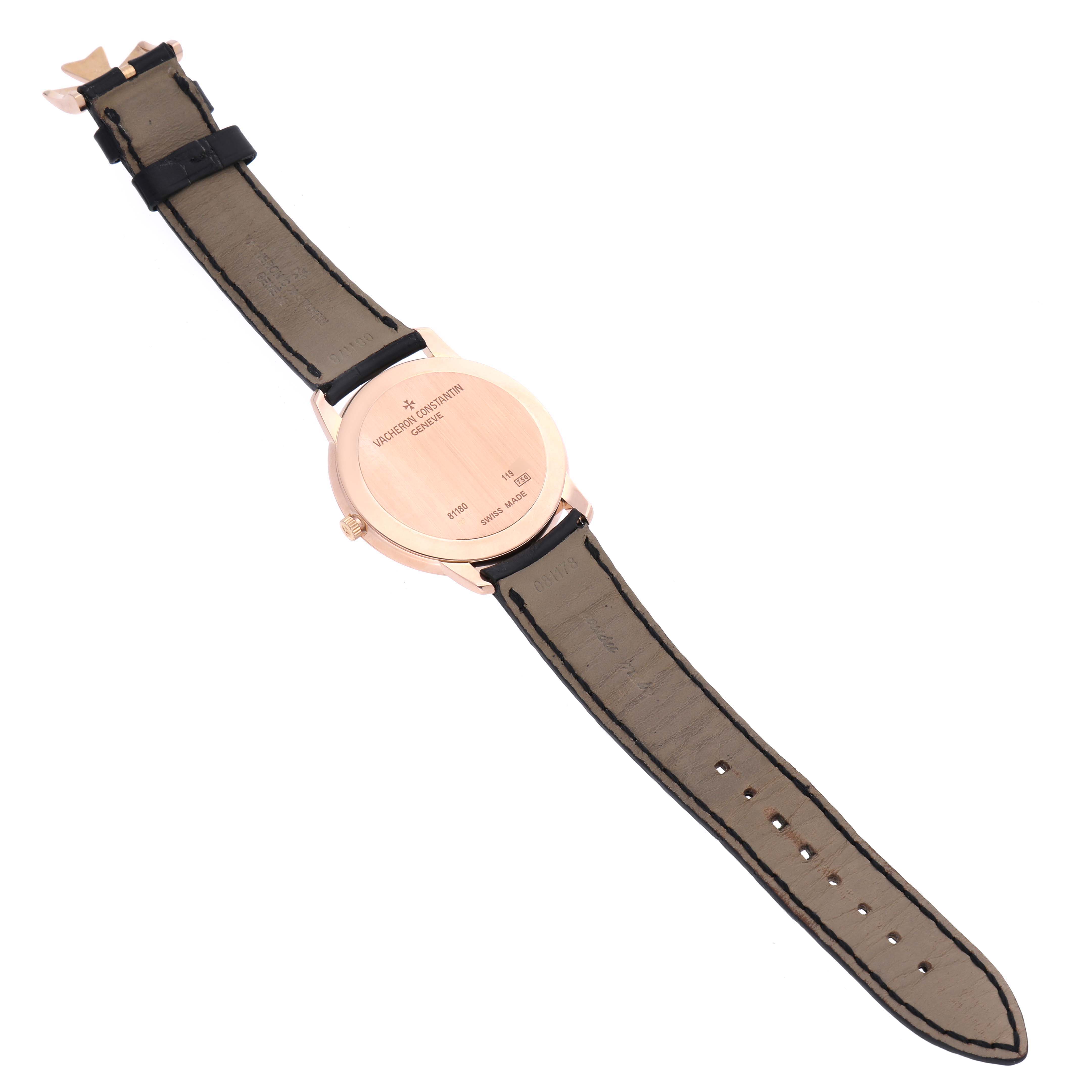 The image shows the back view of the Vacheron Constantin Patrimony 81180/000R-9162 Men's Rose Gold Black Dial 81180/000R-9162 Men's Rose Gold Black Dial watch, highlighting the case back and leather strap.