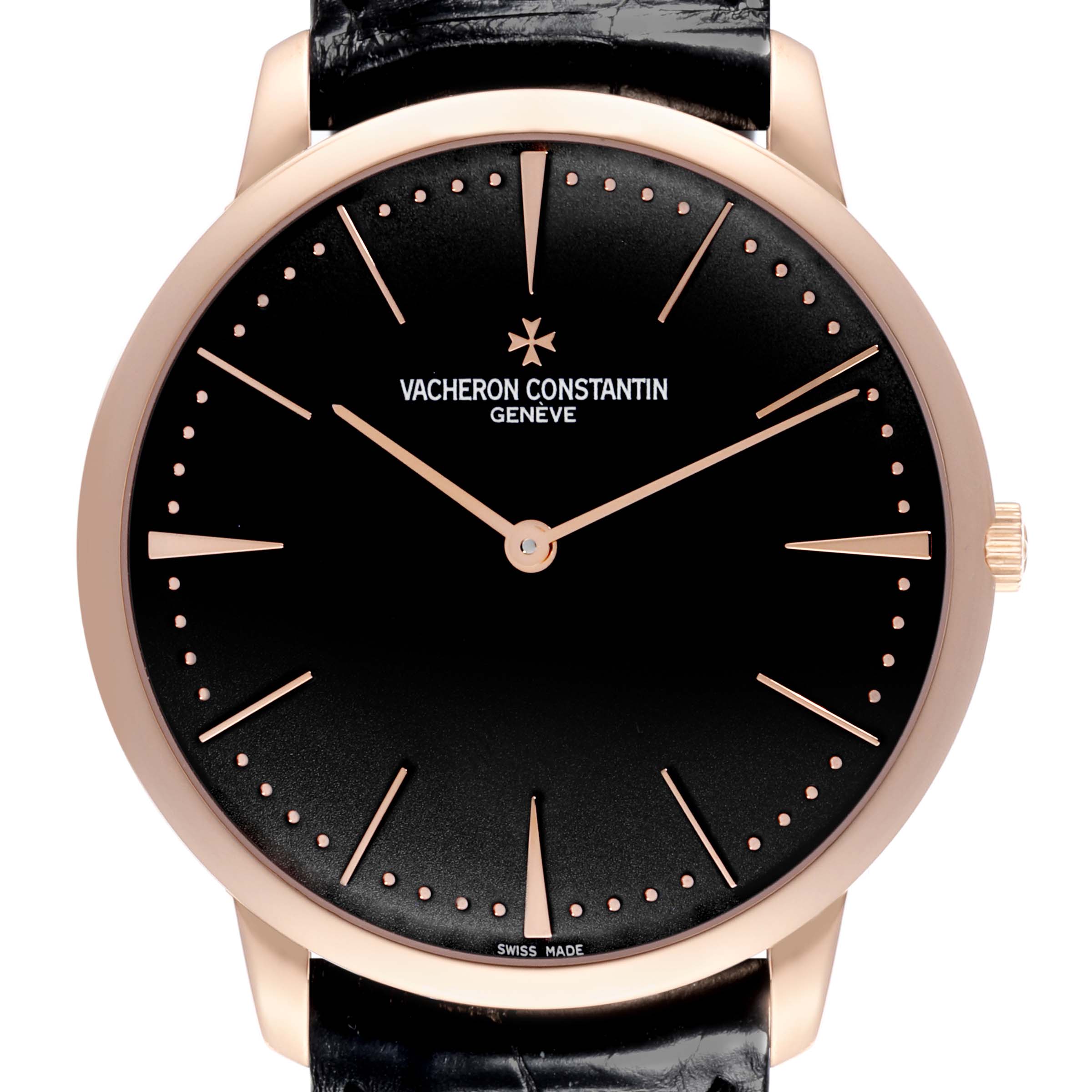 The Vacheron Constantin Patrimony 81180/000R-9162 Men's Rose Gold Black Dial 81180/000R-9162 Men's Rose Gold Black Dial watch is shown from the front, highlighting the black dial, gold hands, indices, and crown.