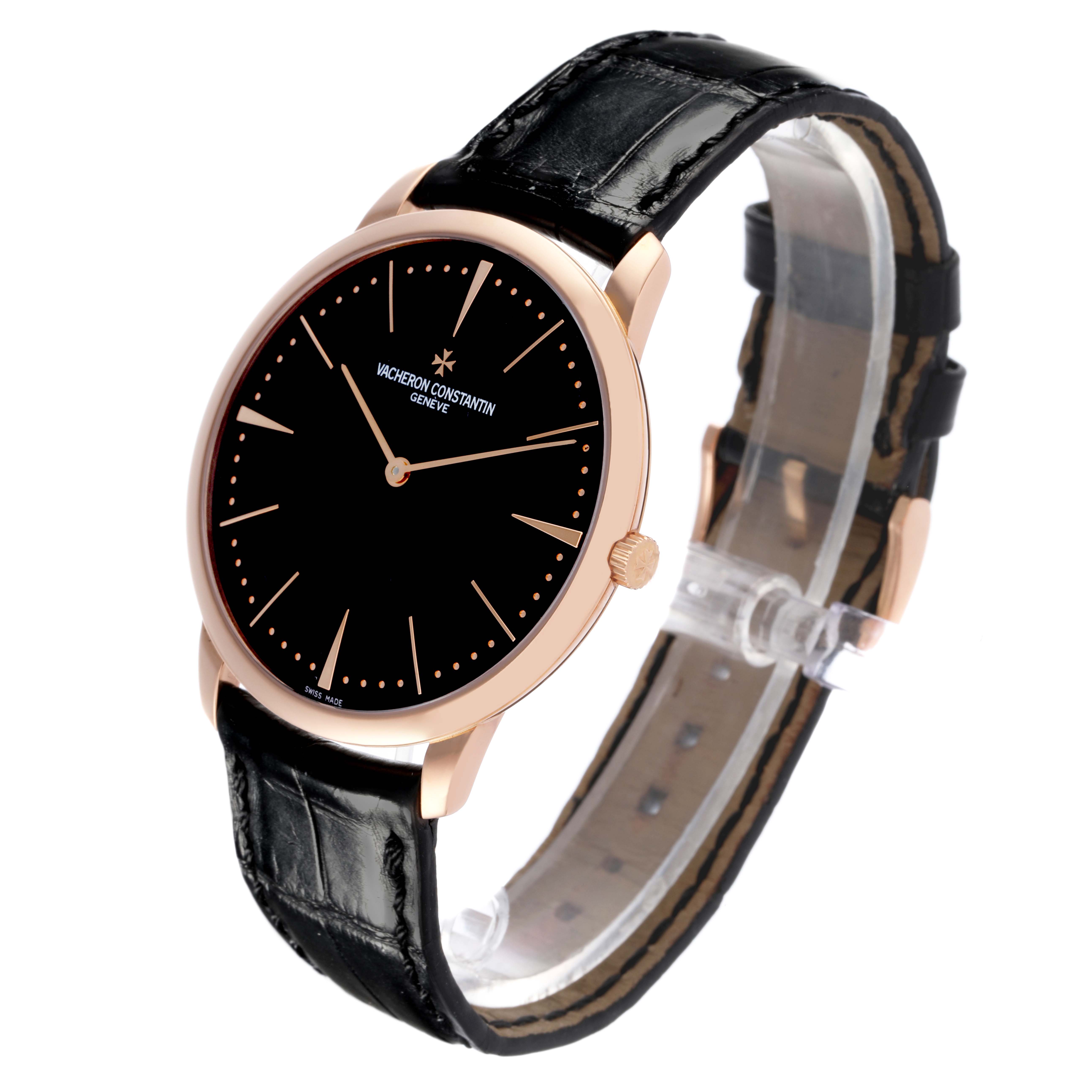 The Vacheron Constantin Patrimony 81180/000R-9162 Men's Rose Gold Black Dial 81180/000R-9162 Men's Rose Gold Black Dial watch is shown at a three-quarter angle, highlighting the face, case, crown, and strap.
