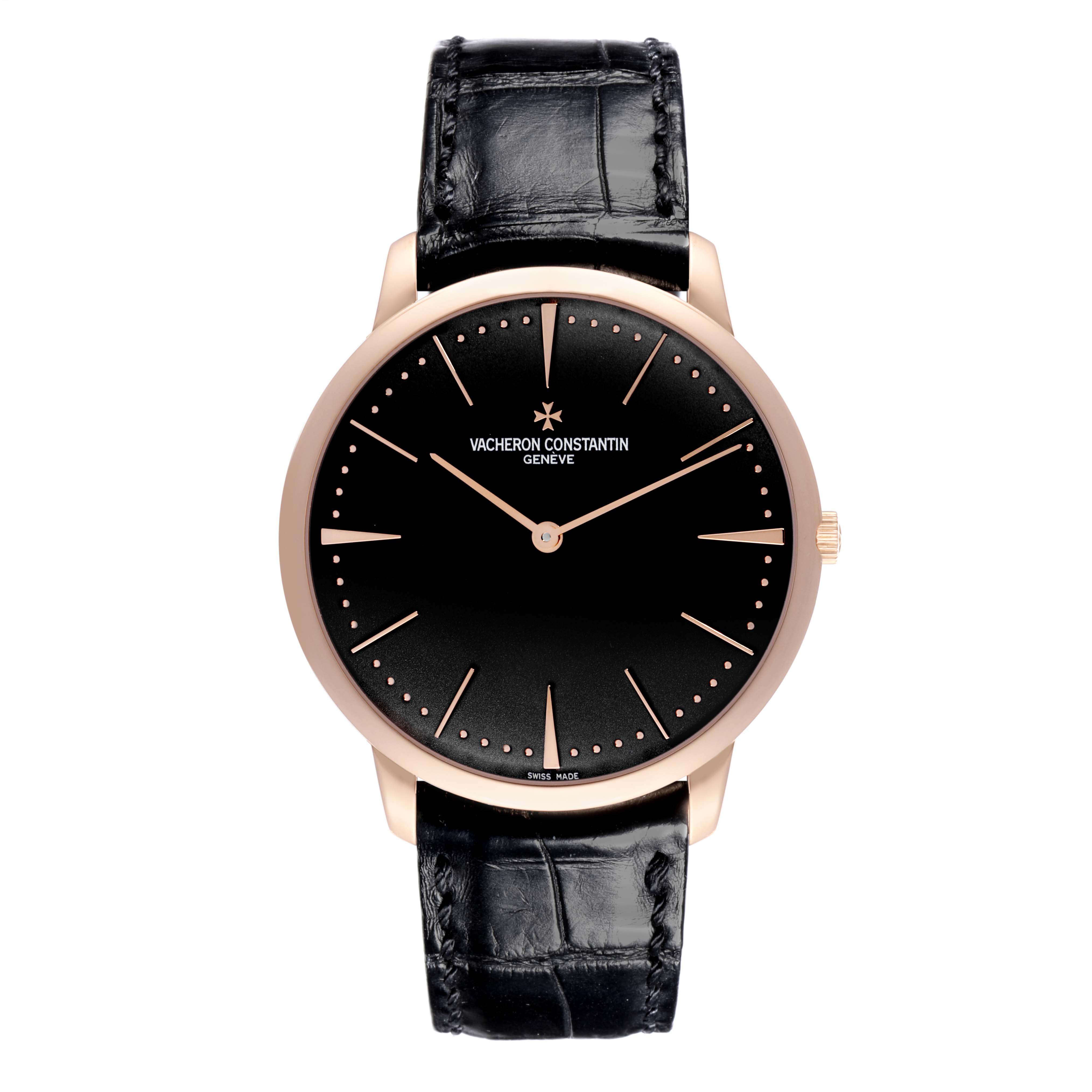 The Vacheron Constantin Patrimony 81180/000R-9162 Men's Rose Gold Black Dial 81180/000R-9162 Men's Rose Gold Black Dial watch is shown from a top-down view, highlighting the face, hands, and strap.