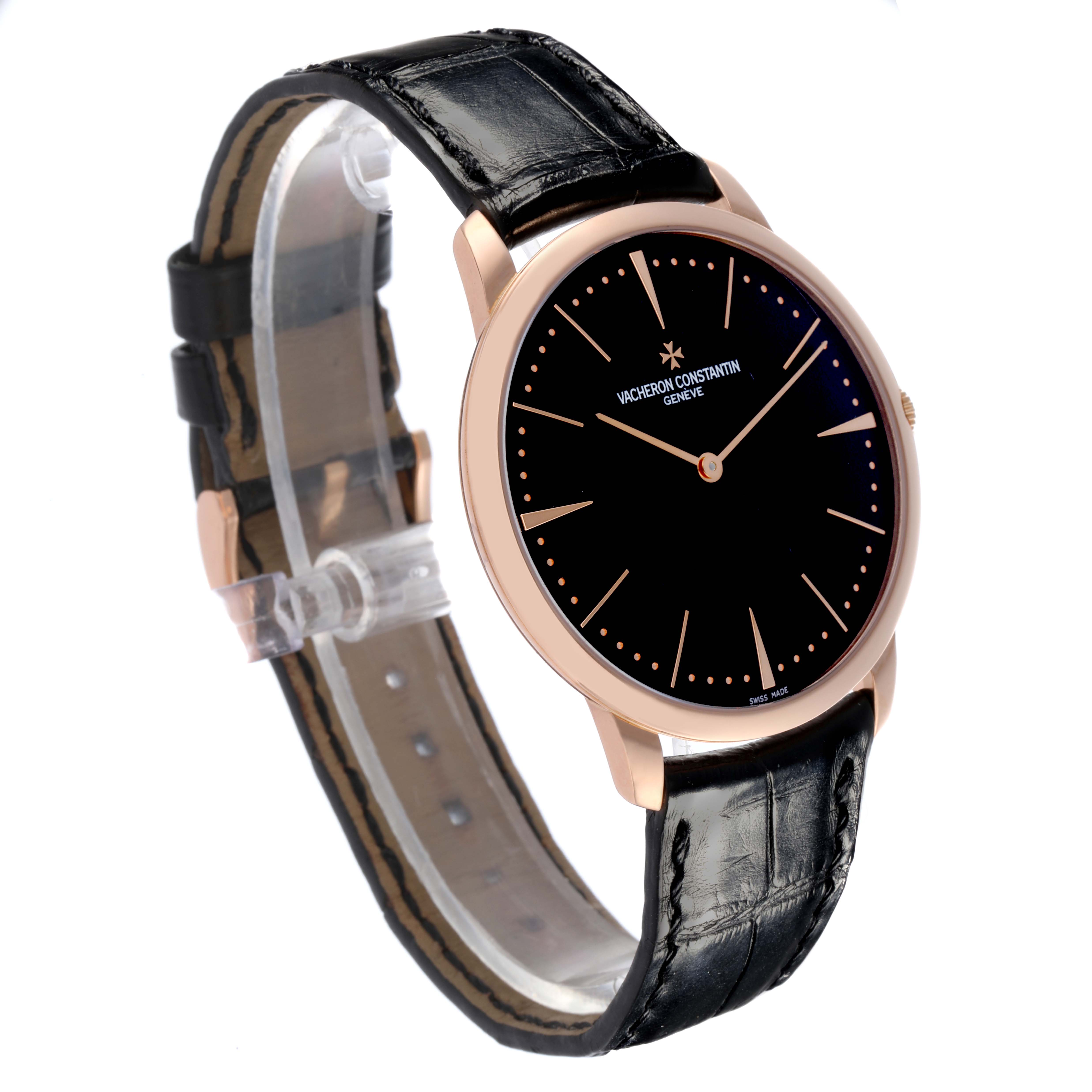 The Vacheron Constantin Patrimony 81180/000R-9162 Men's Rose Gold Black Dial 81180/000R-9162 Men's Rose Gold Black Dial watch is shown at a front-left angle, highlighting the black dial and leather strap.