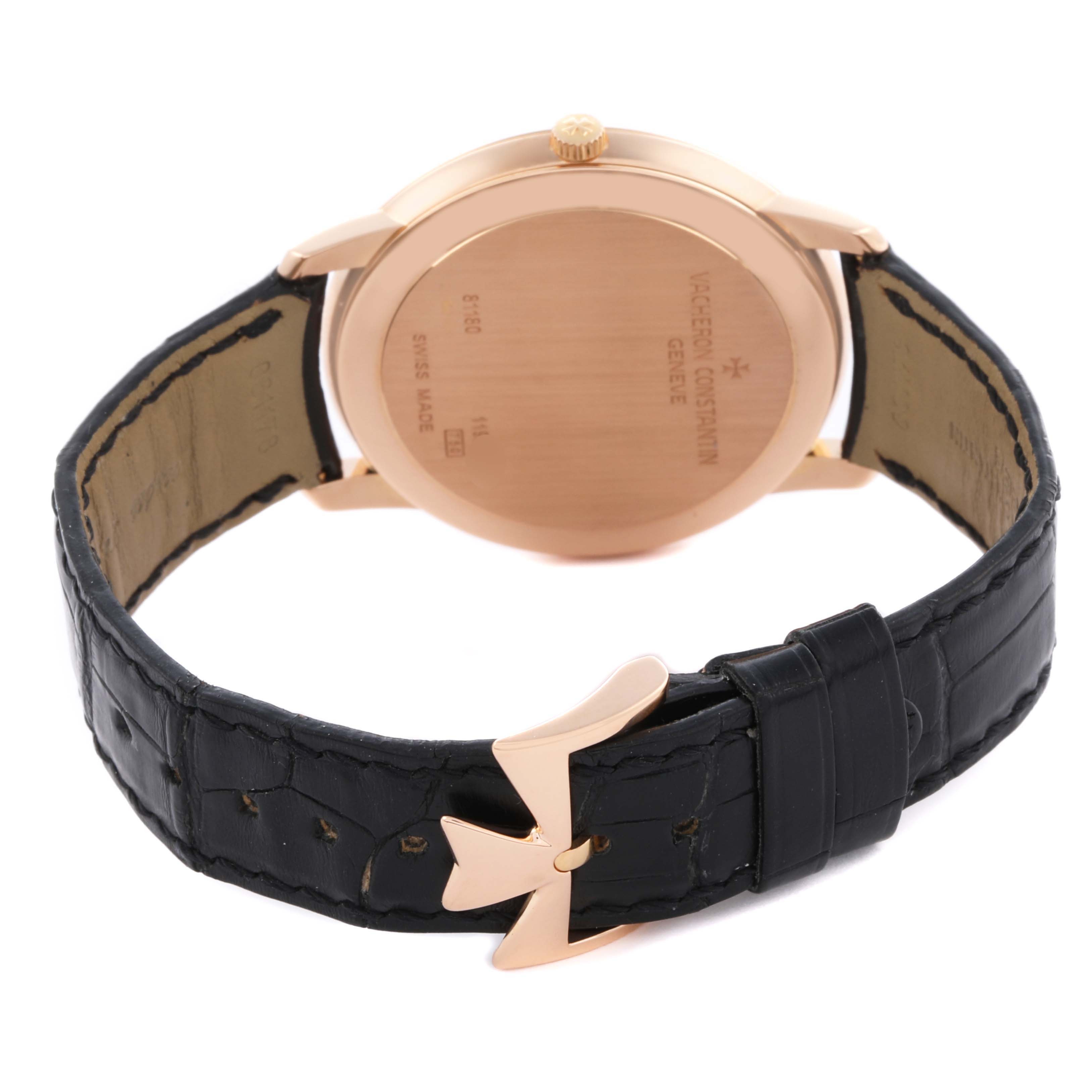 The image shows the back side and strap of a Vacheron Constantin Patrimony 81180/000R-9162 Men's Rose Gold Black Dial 81180/000R-9162 Men's Rose Gold Black Dial watch, highlighting the case back and buckle.