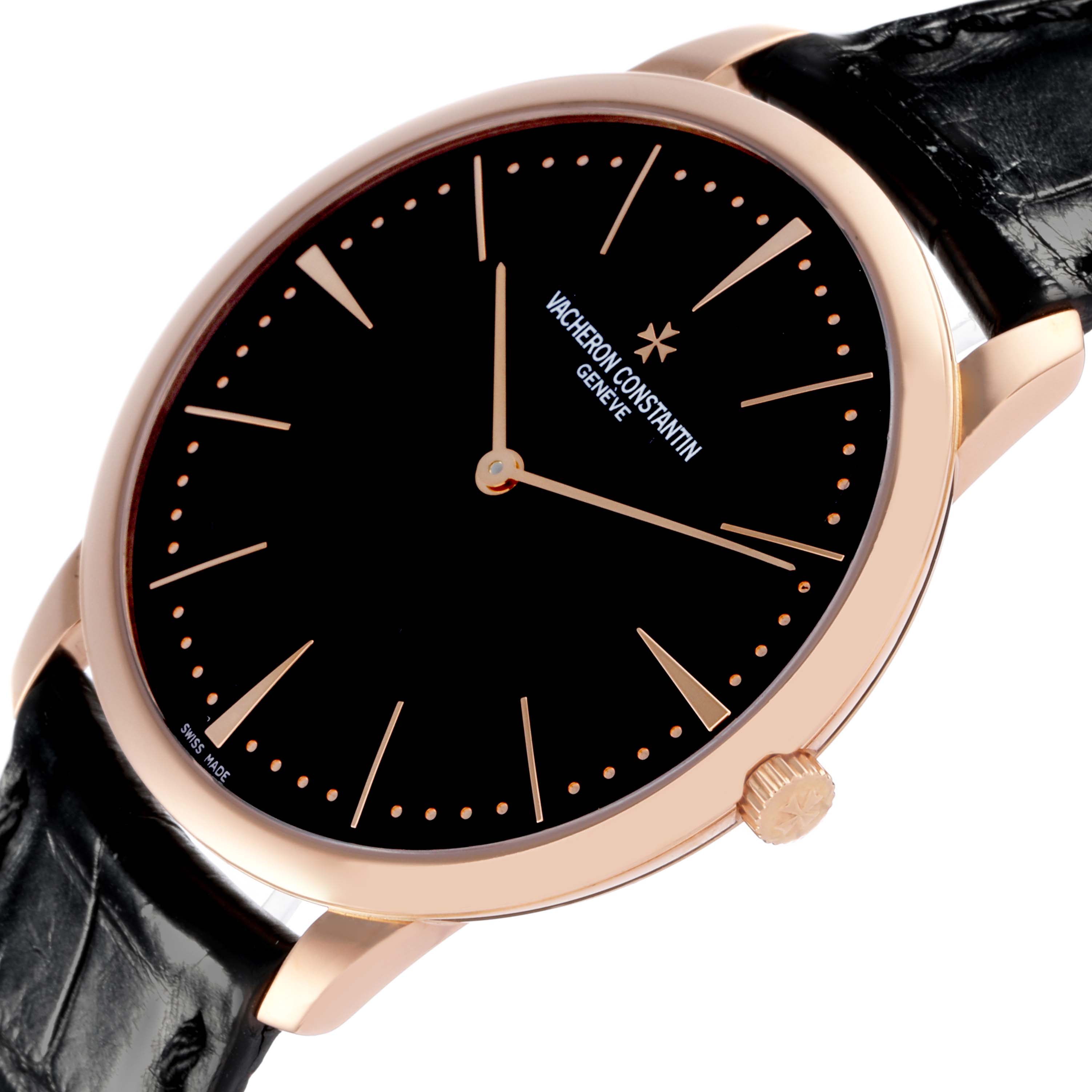 The Vacheron Constantin Patrimony 81180/000R-9162 Men's Rose Gold Black Dial 81180/000R-9162 Men's Rose Gold Black Dial watch is shown at a slight angle, highlighting the black dial, rose gold case, and crown.