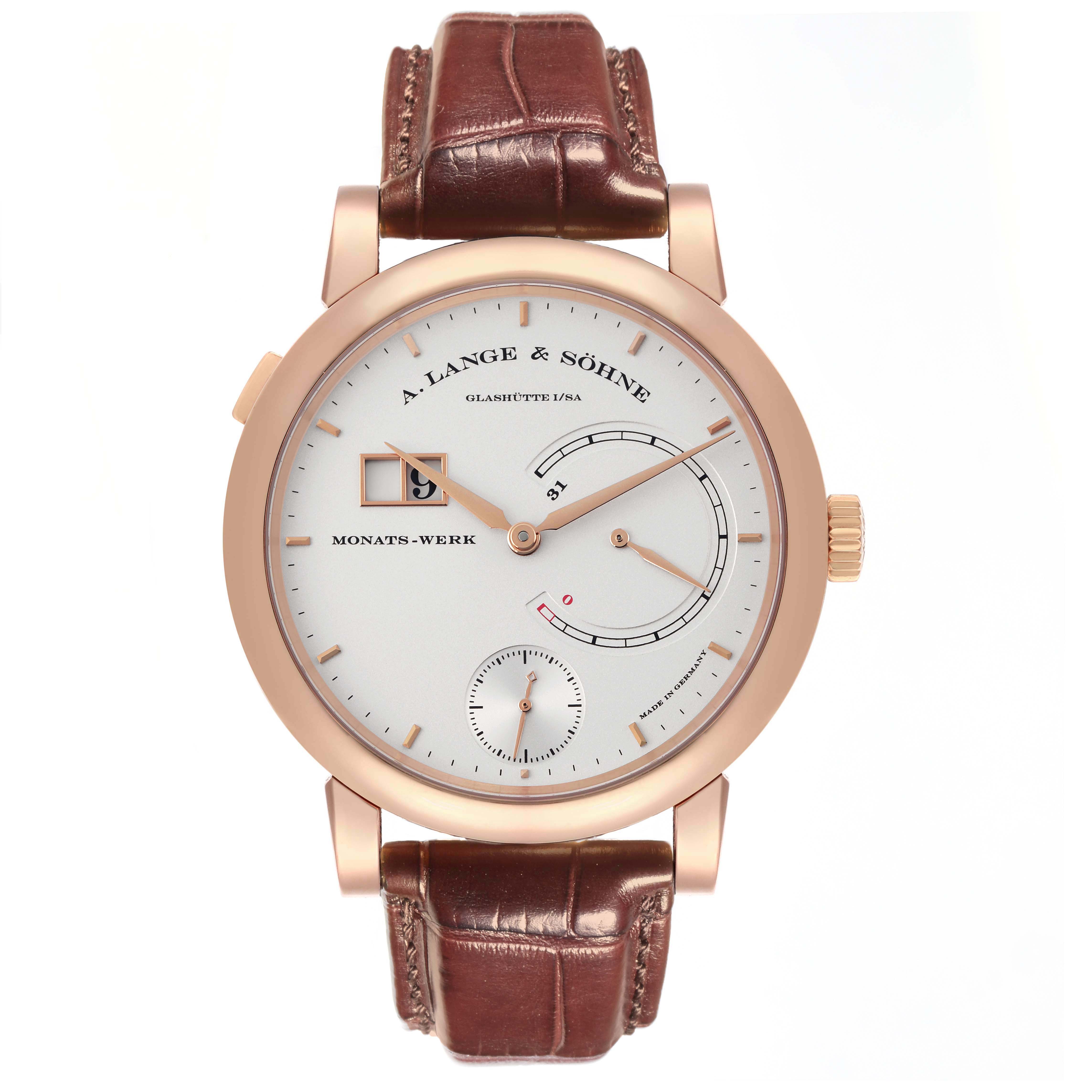 The A. Lange & Sohne Lange 1 130.032F Men's Rose Gold Silver Dial watch is shown from a front angle, displaying the dial, hands, and leather strap.
