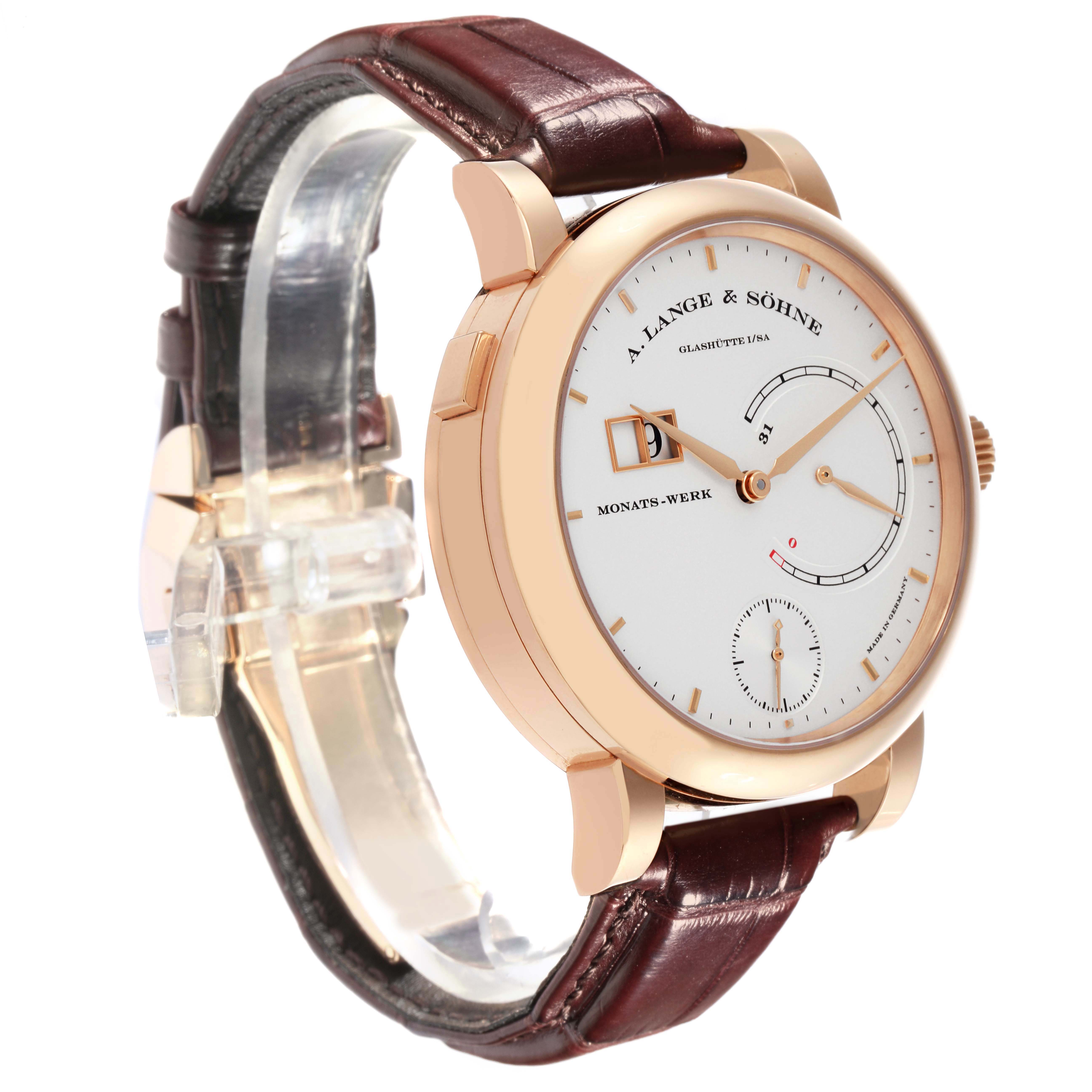 The A. Lange & Sohne Lange 1 130.032F Men's Rose Gold Silver Dial watch is shown at a three-quarter angle, highlighting its dial, case, and strap.