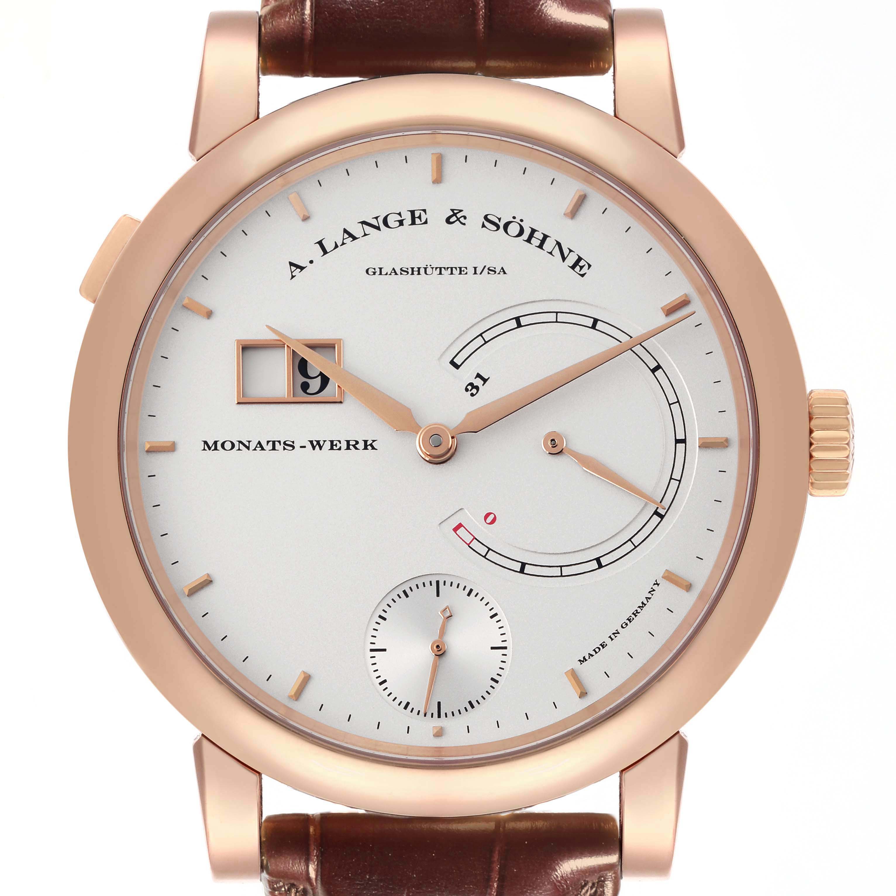 The image shows a front view of the A. Lange & Sohne Lange 1 130.032F Men's Rose Gold Silver Dial watch, highlighting its dial, hands, and leather strap.
