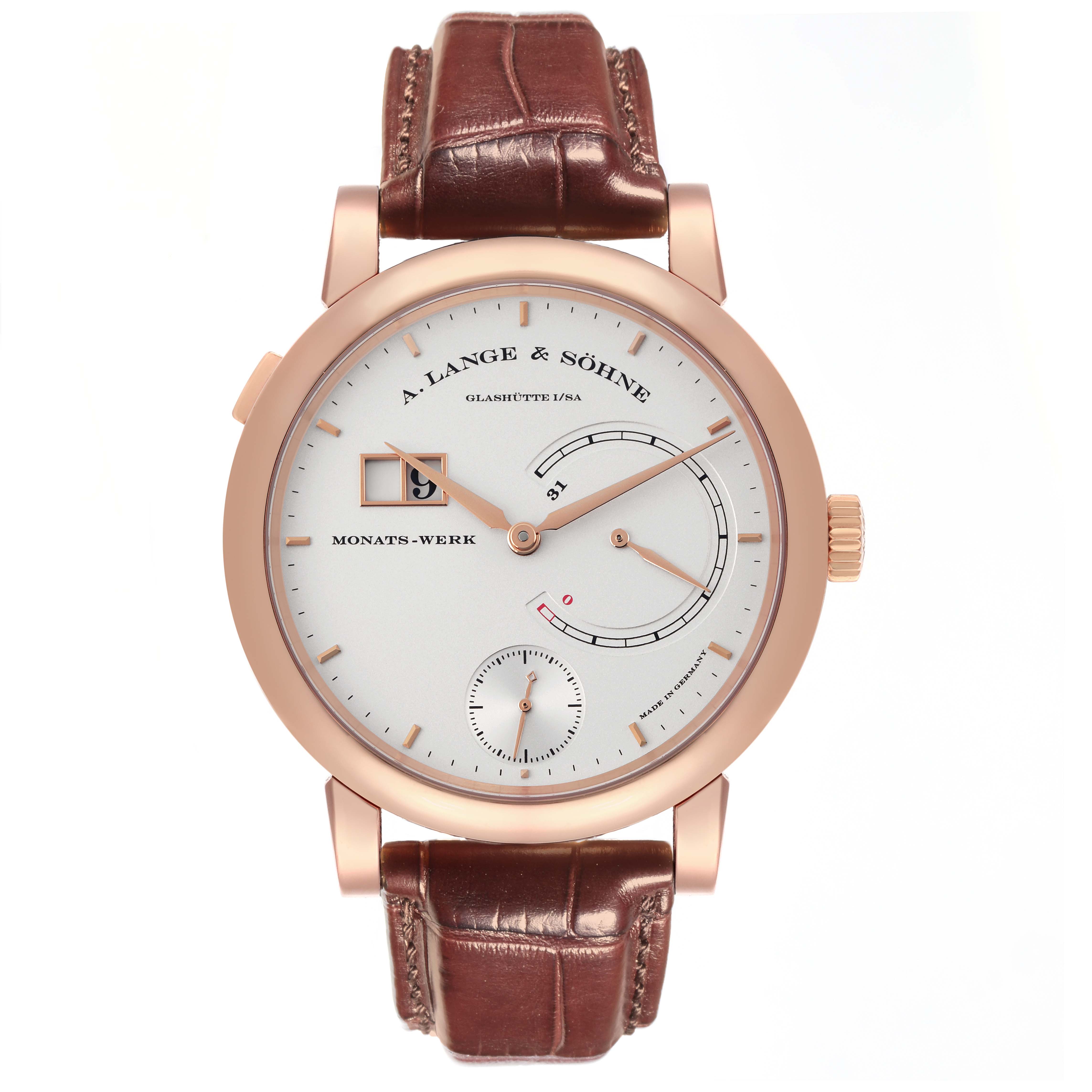 The A. Lange 
Sohne Lange 1 130.032F Men
s Rose Gold Silver Dial watch is shown from a front angle, displaying its dial, hands, and leather strap.