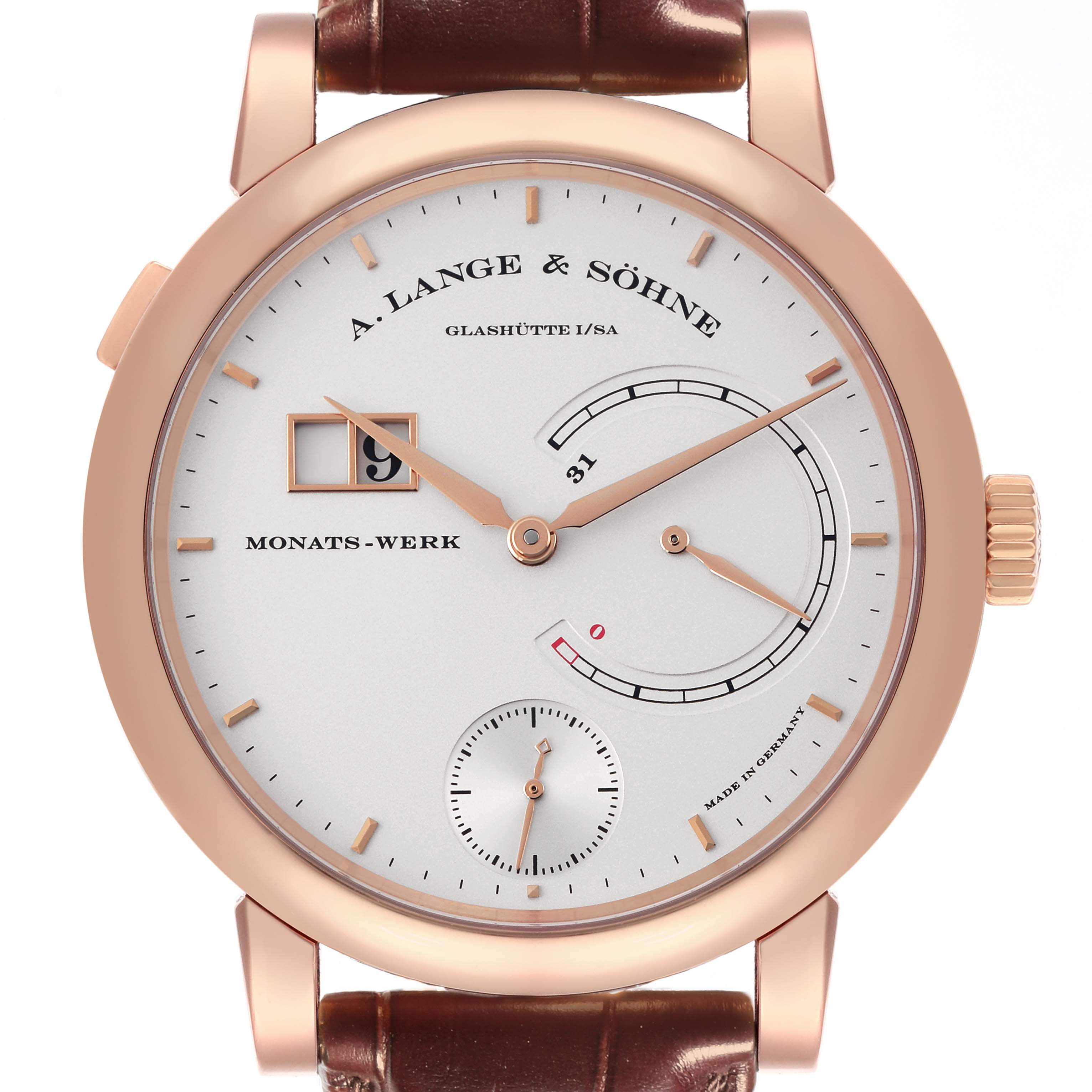 The A. Lange 
Sohne Lange 1 130.032F Men
s Rose Gold Silver Dial watch is shown from the front, highlighting its dial, hands, subdials, and brown strap.