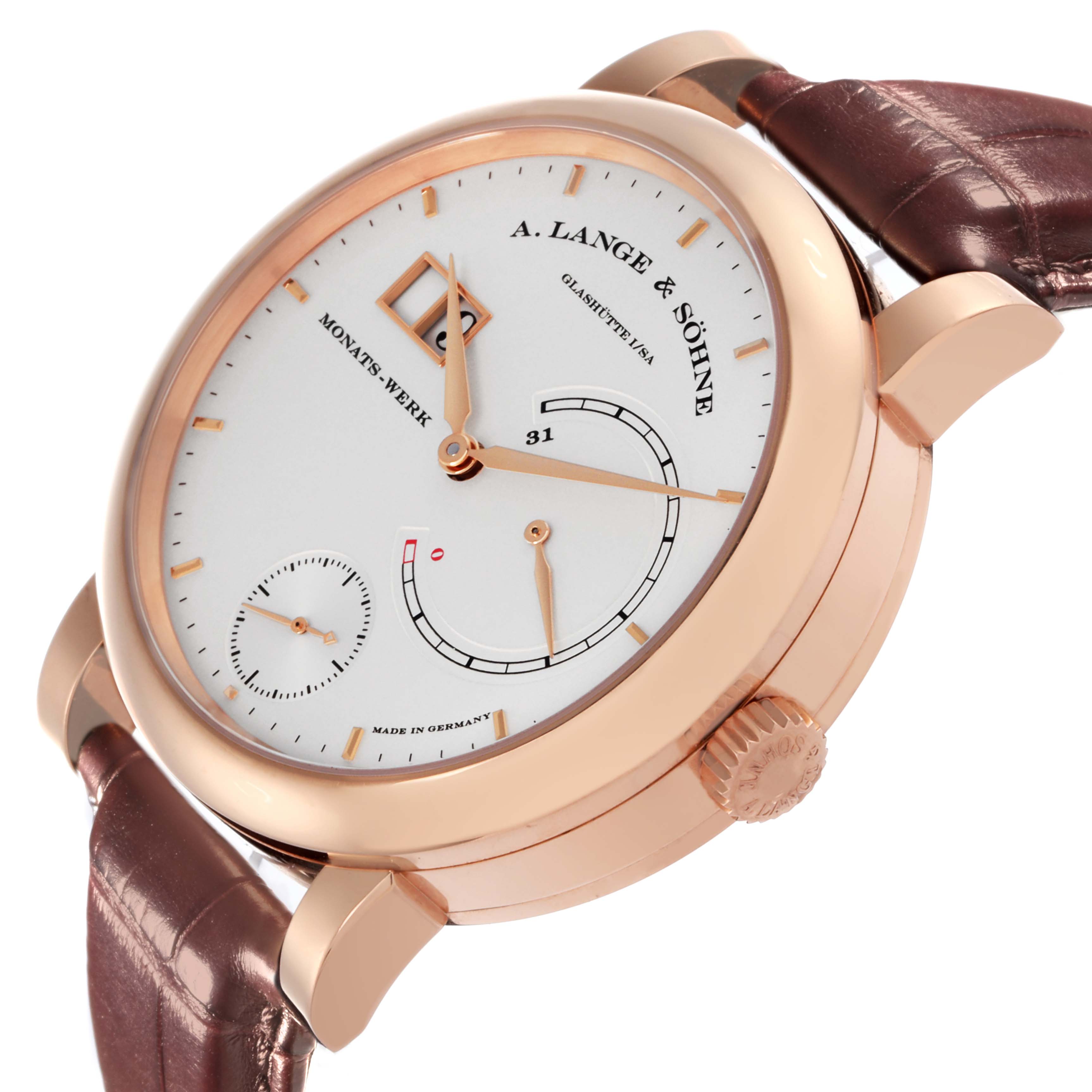 The image shows a close-up angle of the A. Lange 
Sohne Lange 1 130.032F Men
s Rose Gold Silver Dial watch, highlighting the face, indices, hands, crown, and strap.