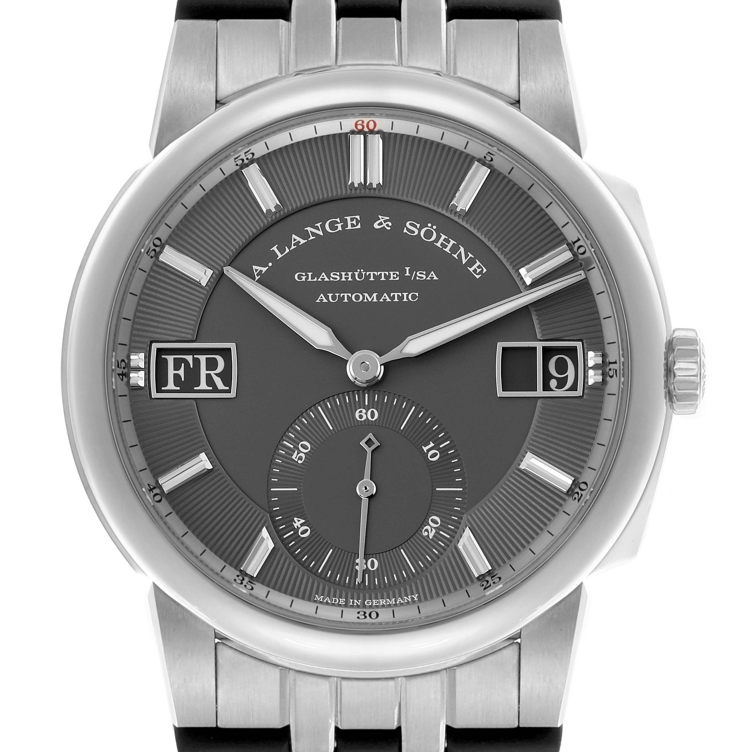The A. Lange & Sohne Odysseus 363.068 Men's White Gold Grey Dial watch is shown from the front, highlighting the dial, hands, and day-date display.