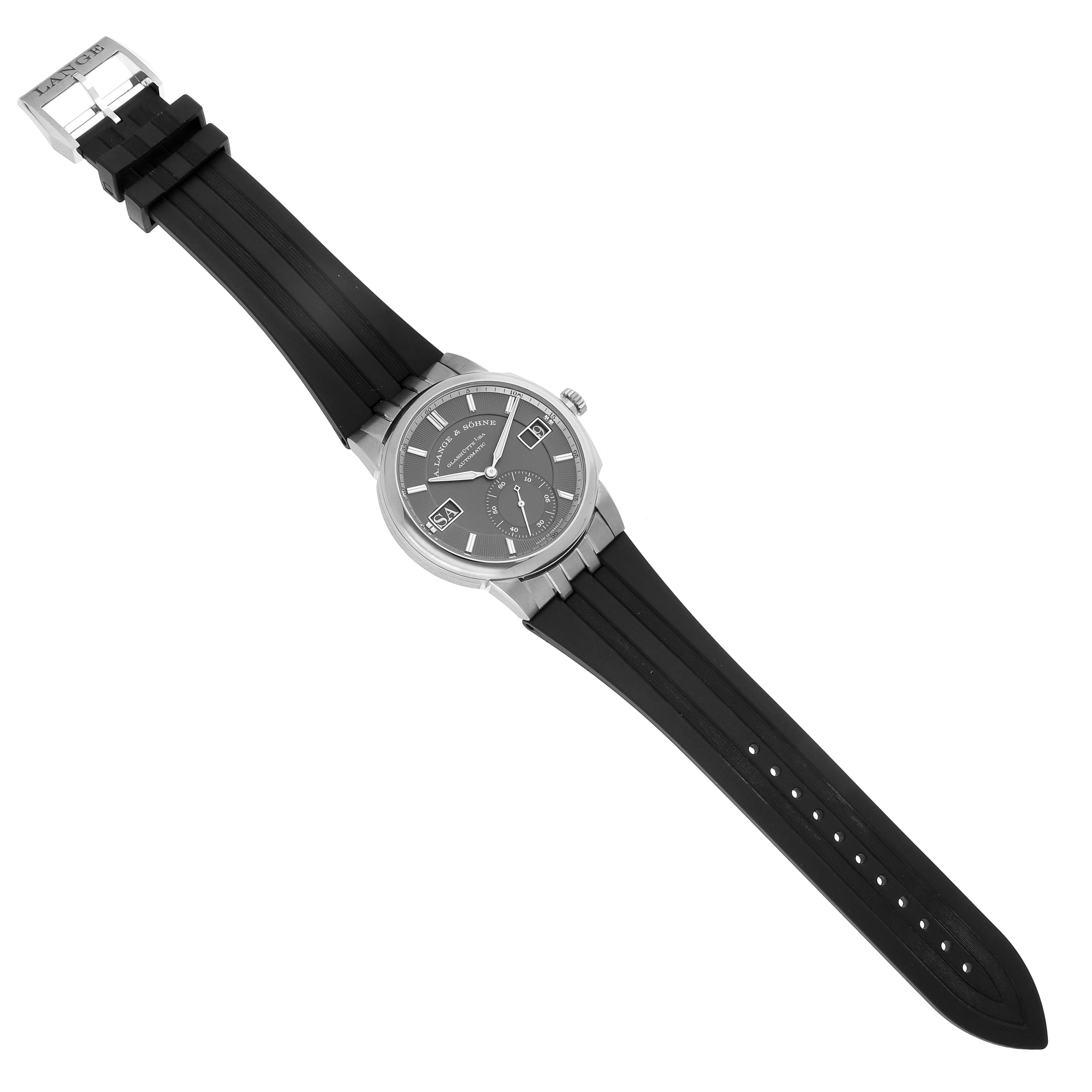 The A. Lange & Sohne Odysseus 363.068 Men's White Gold Grey Dial watch is shown from a top-down angle, featuring the dial, case, and black rubber strap.