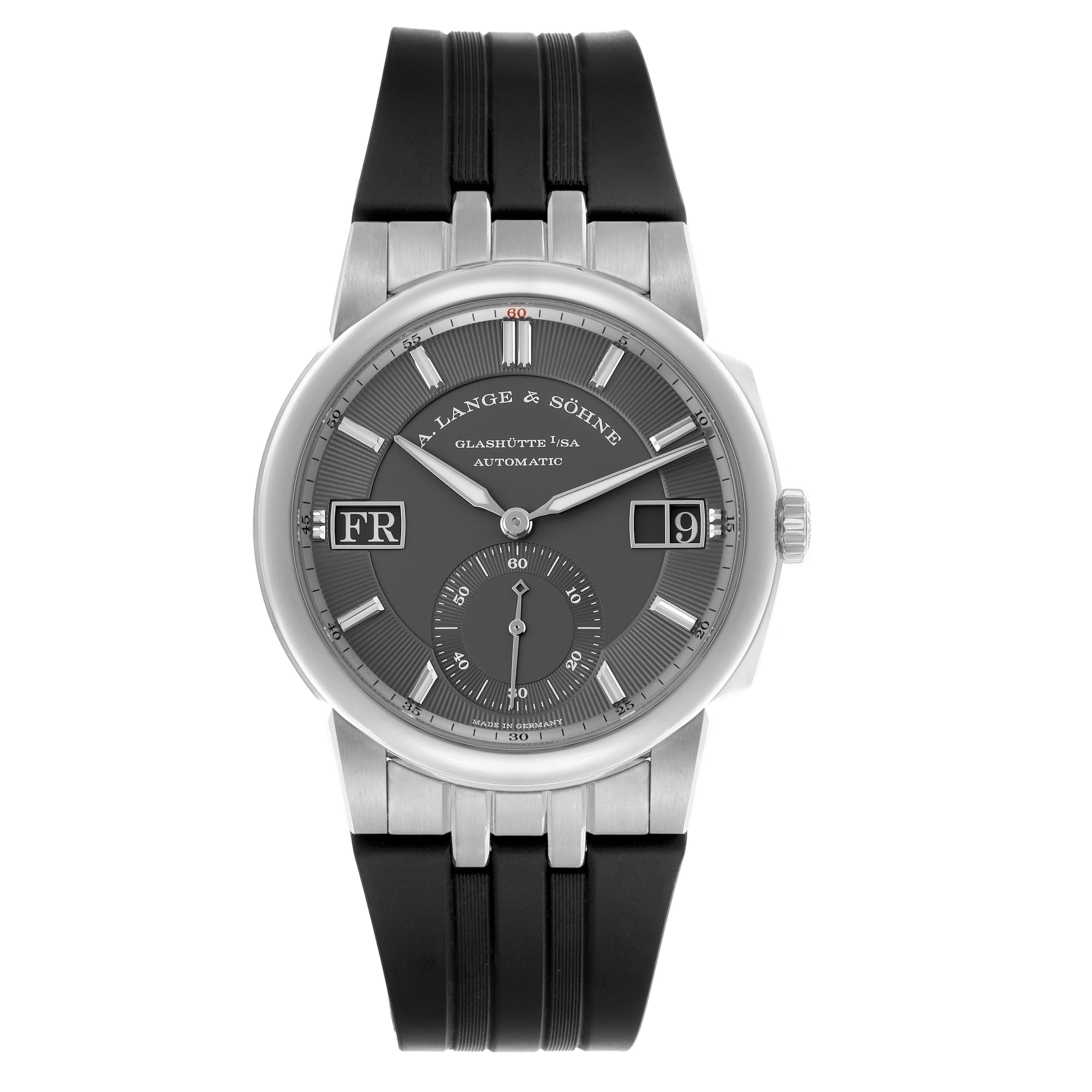 The A. Lange & Sohne Odysseus 363.068 Men's White Gold Grey Dial watch is shown from the front, displaying its dial, hands, and integrated black strap.