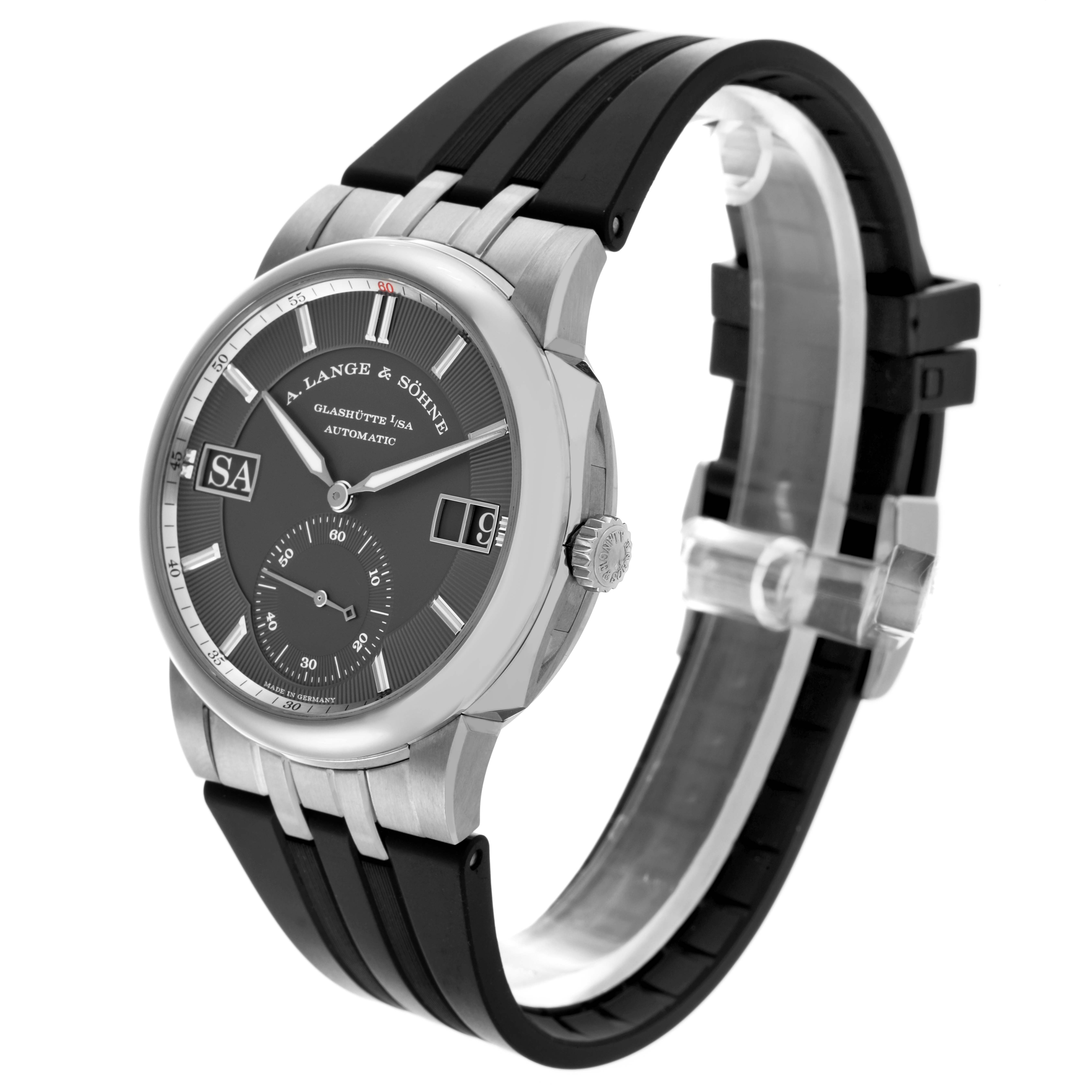 The A. Lange & Sohne Odysseus 363.068 Men's White Gold Grey Dial watch is shown at a side angle, highlighting the case, dial, and strap.