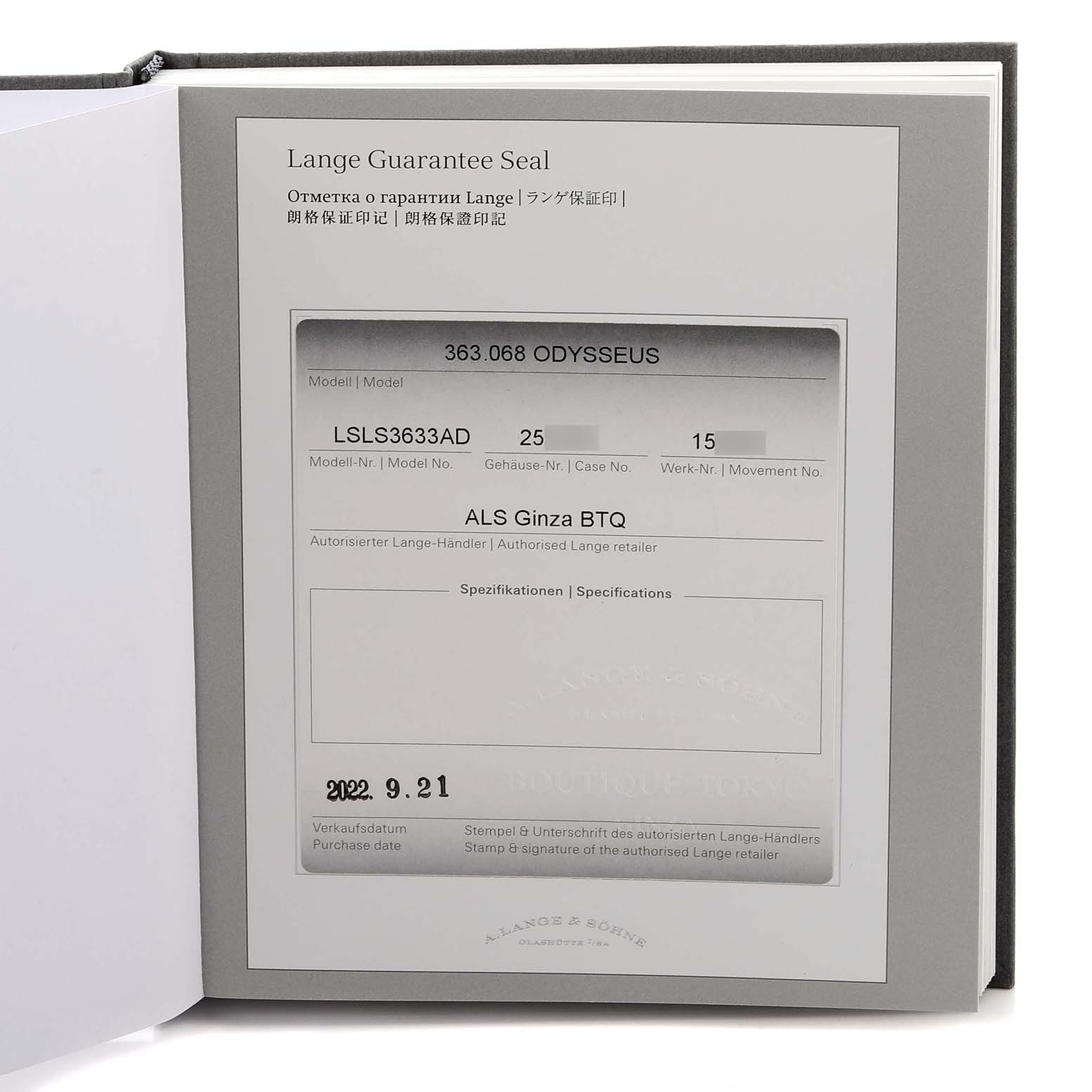 The image shows a warranty document for the A. Lange & Sohne Odysseus 363.068 Men's White Gold Grey Dial model, not the watch itself.