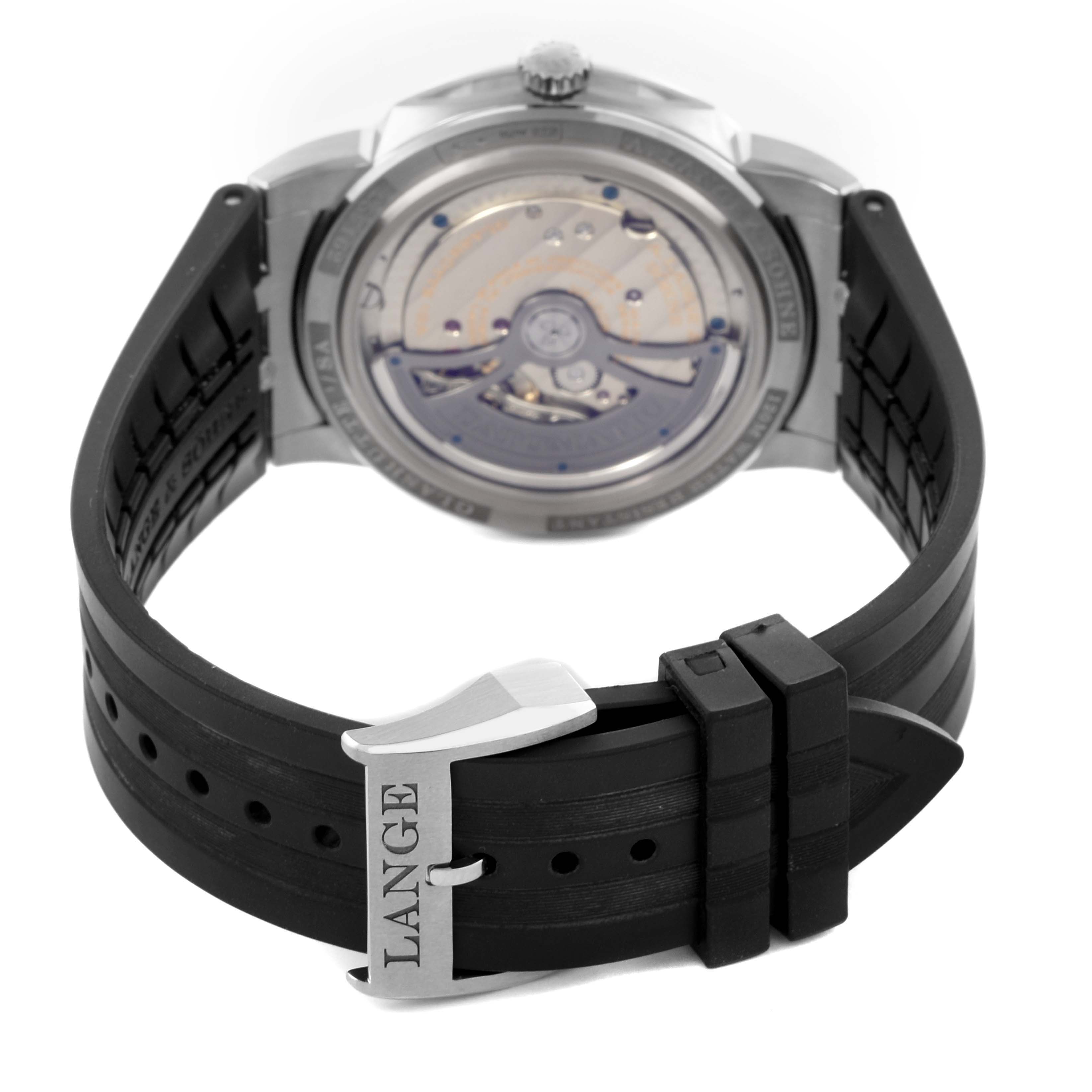 The Odysseus model by A. Lange & Söhne is shown from the back, displaying its movement and black strap with the Lange buckle.