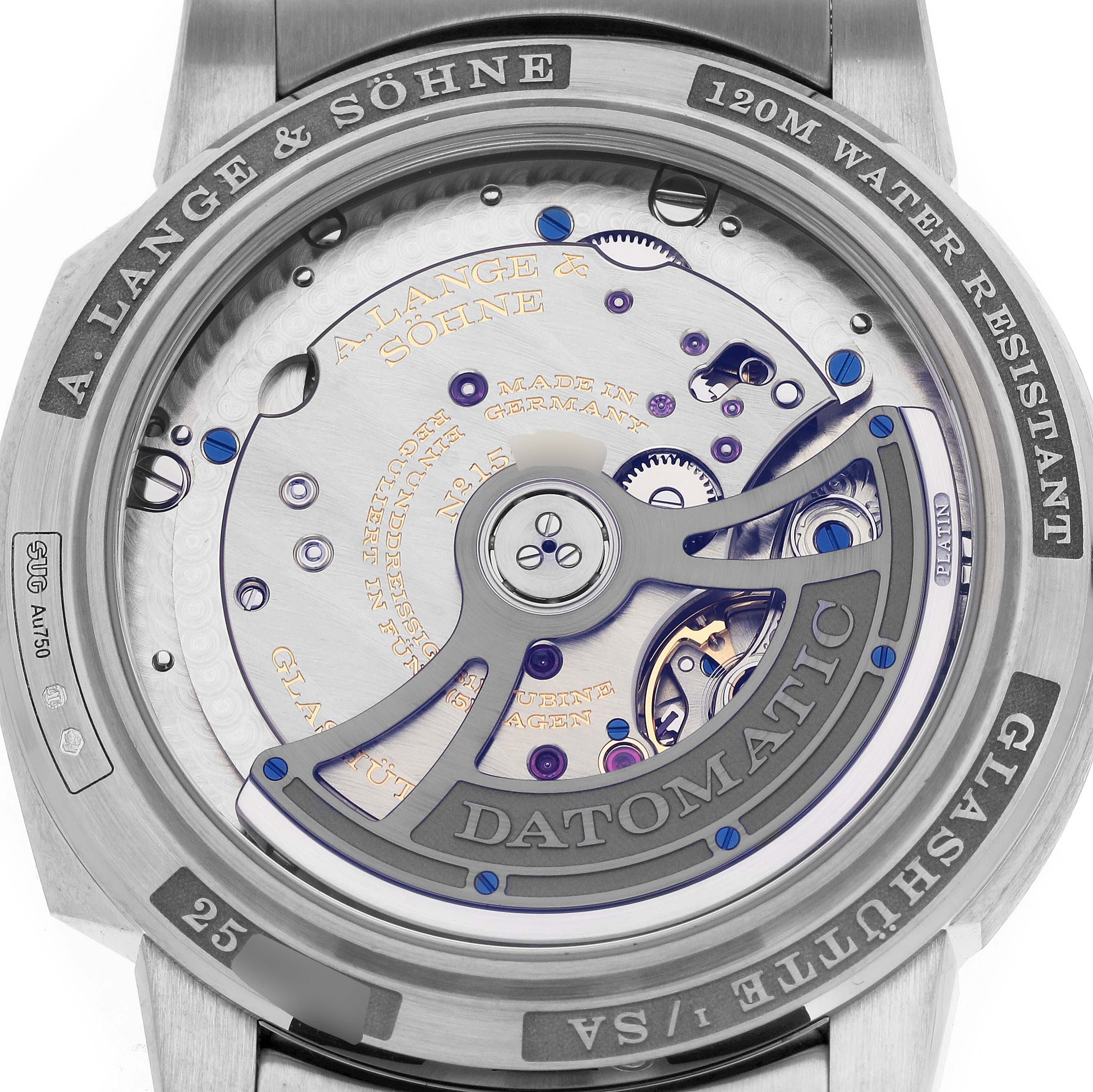 The image shows the back of the A. Lange & Sohne Odysseus 363.068 Men's White Gold Grey Dial, highlighting the movement and engravings.