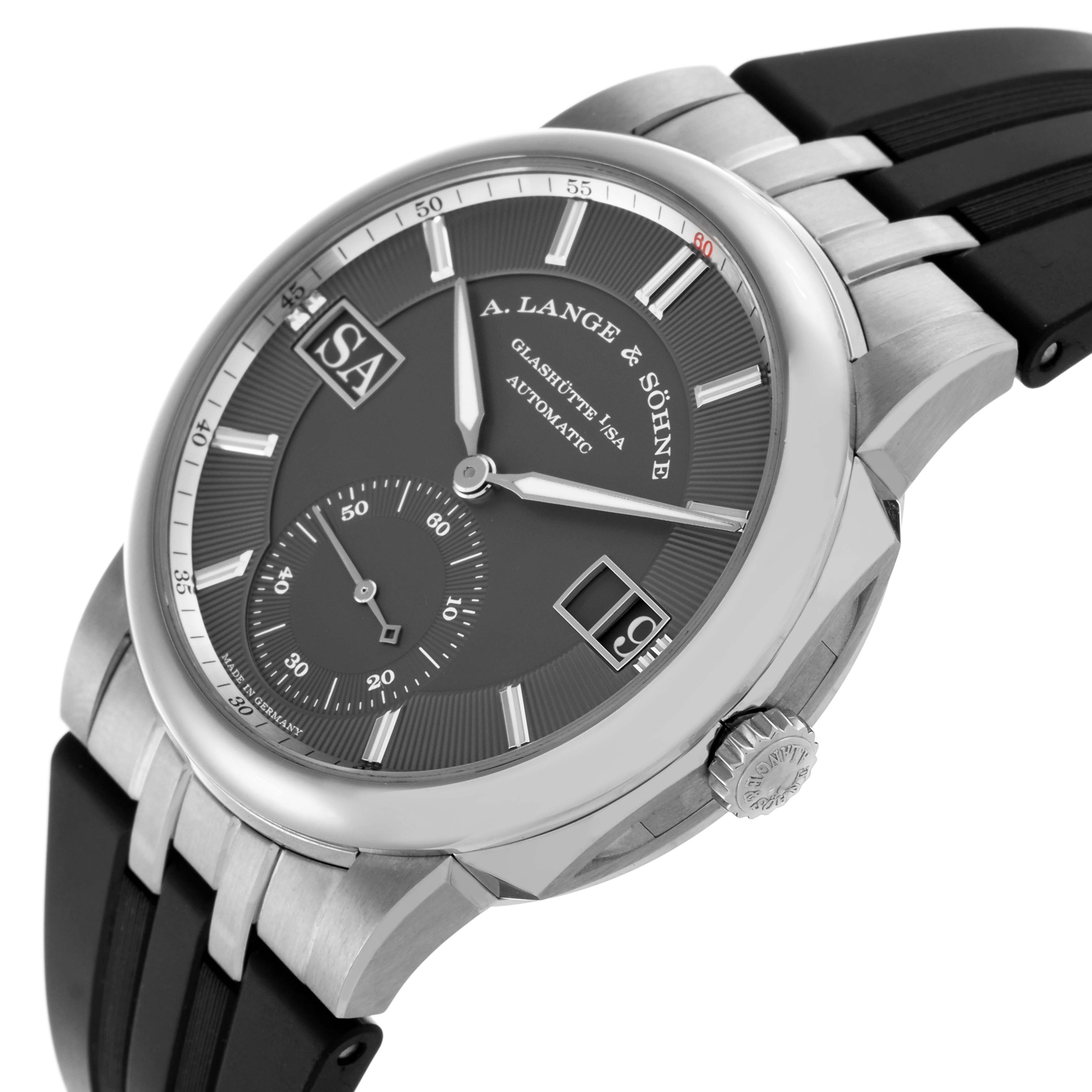 The image shows a side angle of the A. Lange & Sohne Odysseus 363.068 Men's White Gold Grey Dial, highlighting its dial, crown, and rubber strap.