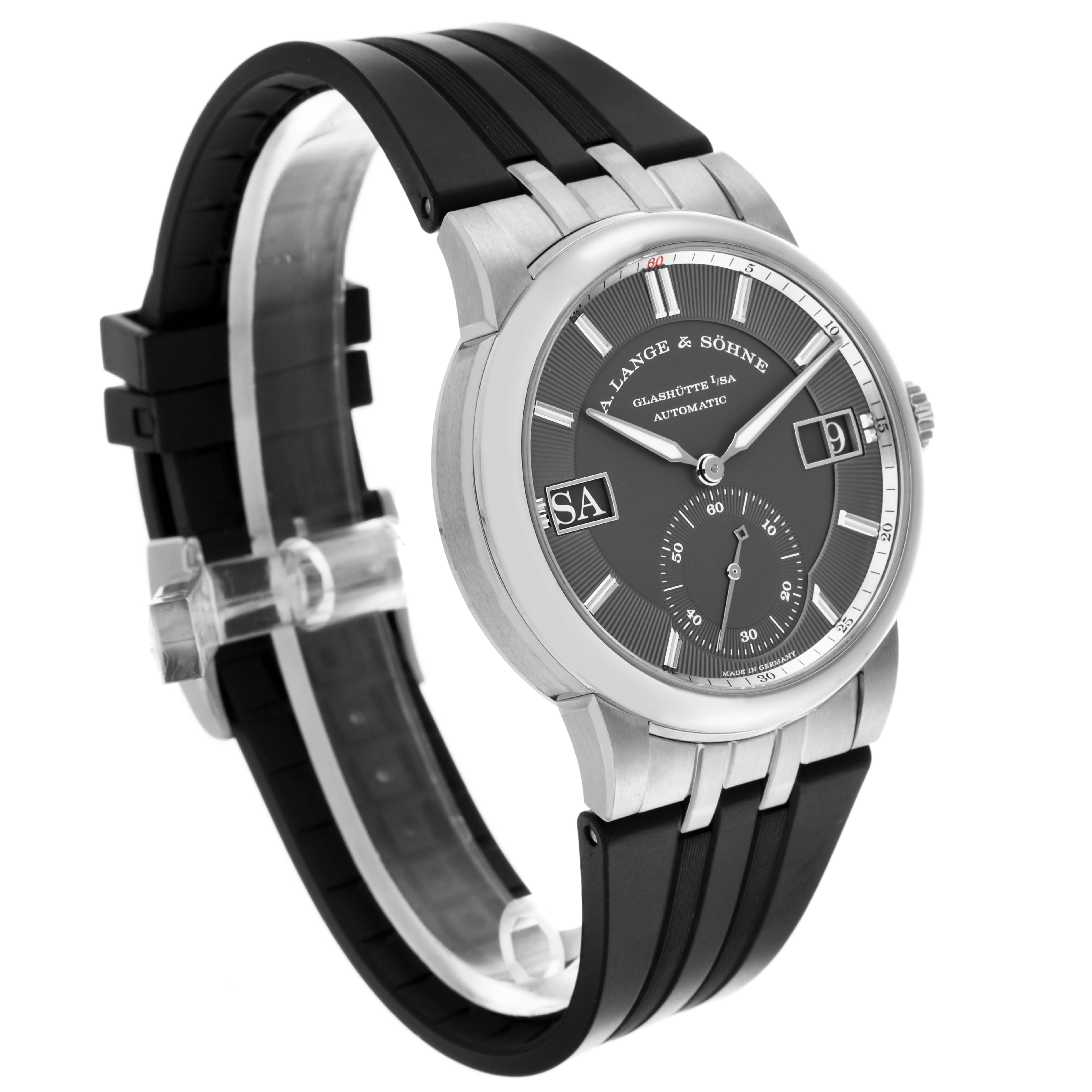 The A. Lange & Sohne Odysseus 363.068 Men's White Gold Grey Dial watch is shown from a three-quarter angle, highlighting the face and rubber strap.