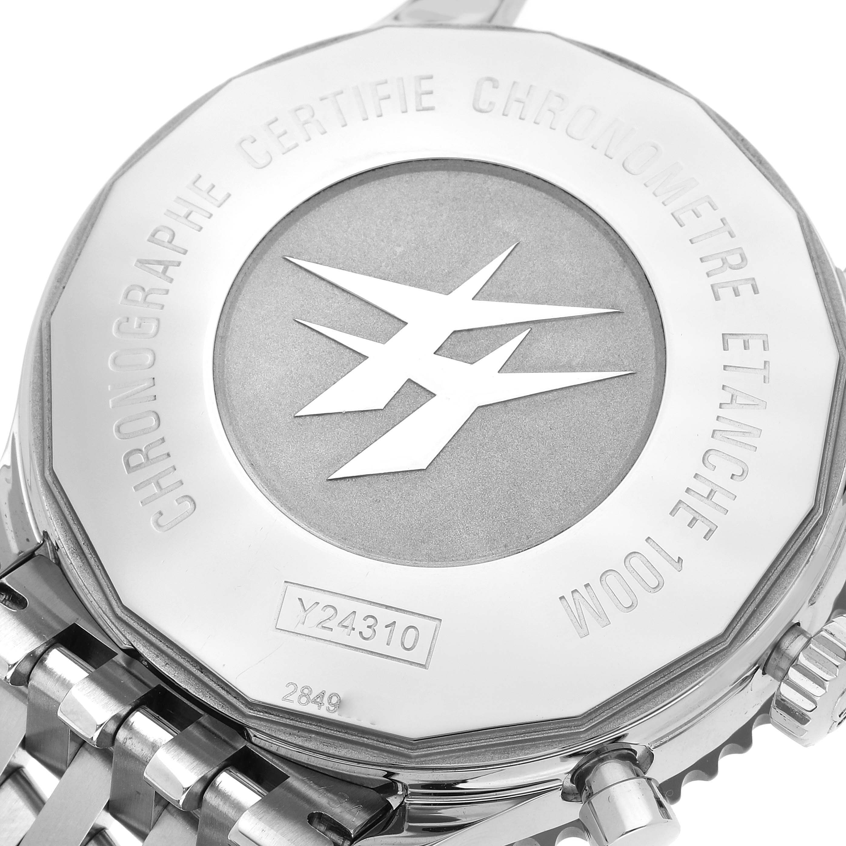 The image shows the back case of the Breitling Chronoliner Y2431012/BE10 Men's Stainless Steel Black Dial Y2431012/BE10 Men's Stainless Steel Black Dial watch, highlighting the engraved text and logo.