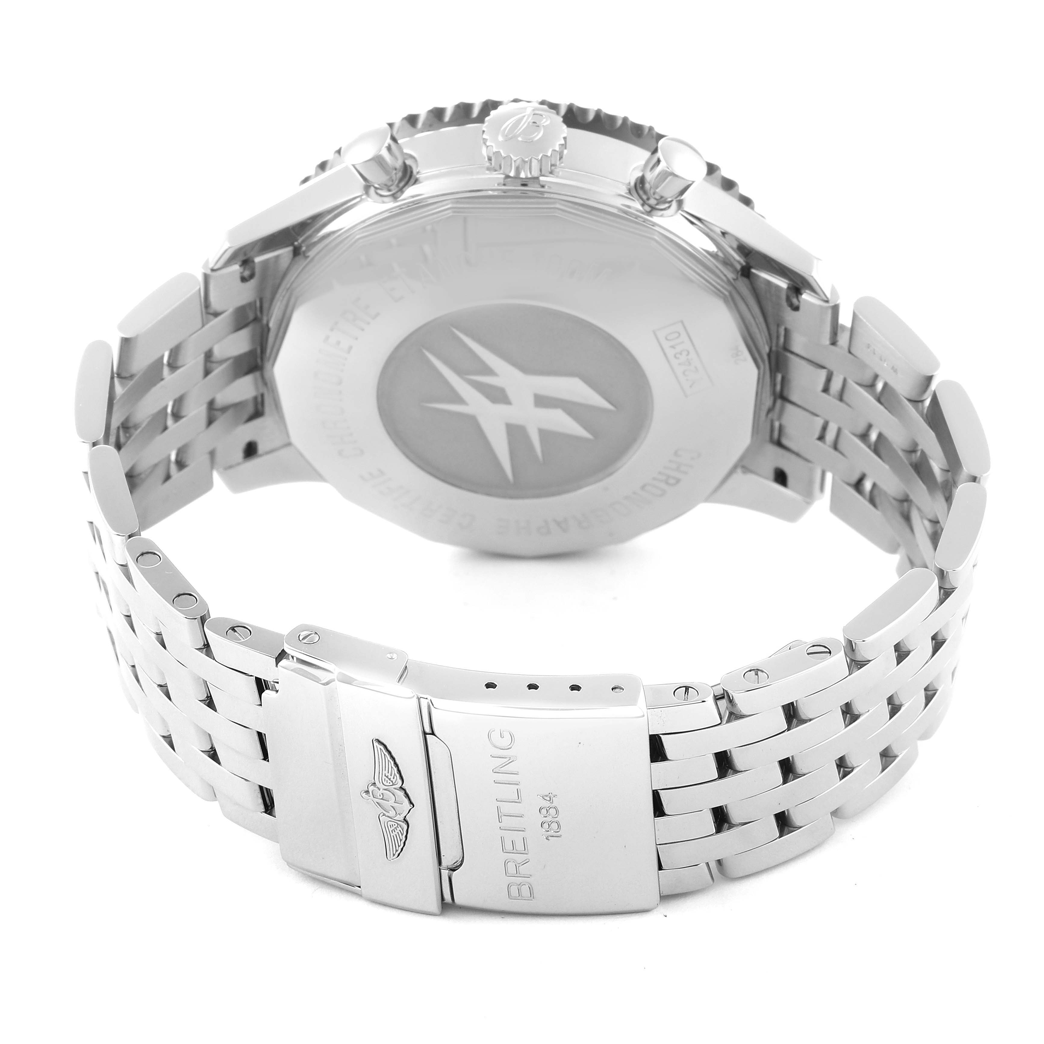 The image shows the back view of a Breitling Chronoliner Y2431012/BE10 Men's Stainless Steel Black Dial Y2431012/BE10 Men's Stainless Steel Black Dial watch, detailing its case back, crown, and metal bracelet with clasp.