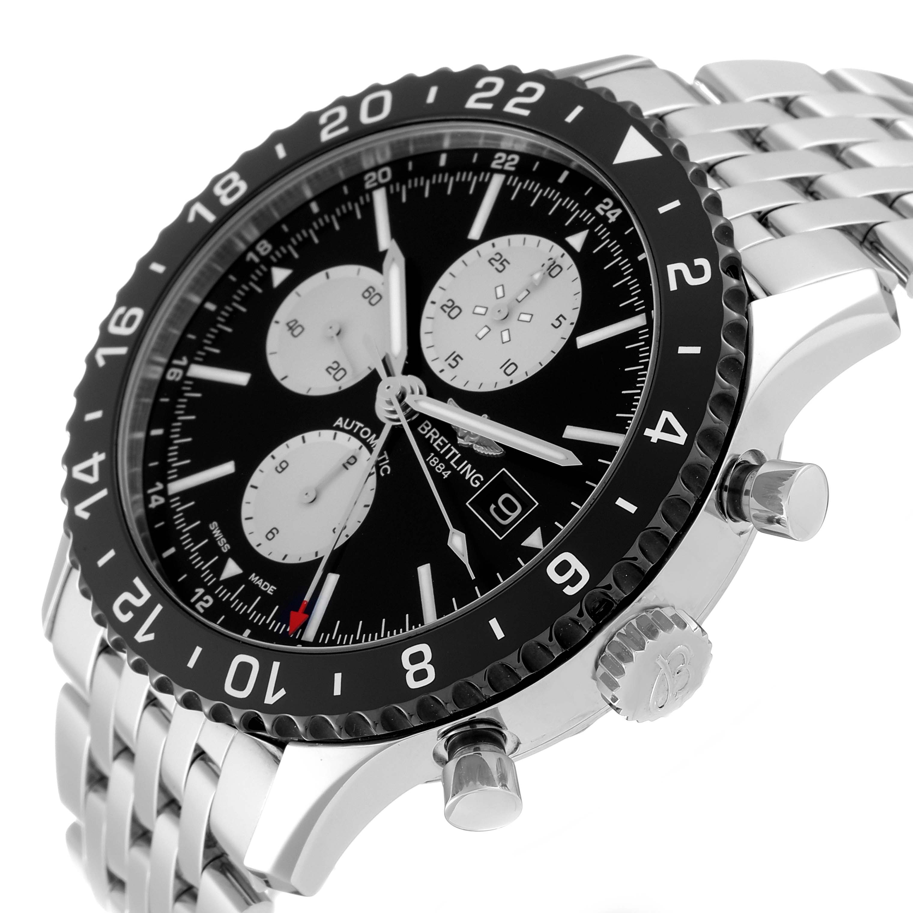 This Breitling Chronoliner Y2431012/BE10 Men's Stainless Steel Black Dial Y2431012/BE10 Men's Stainless Steel Black Dial watch is shown at a three-quarter angle, displaying its bezel, dial, crown, and stainless steel bracelet.