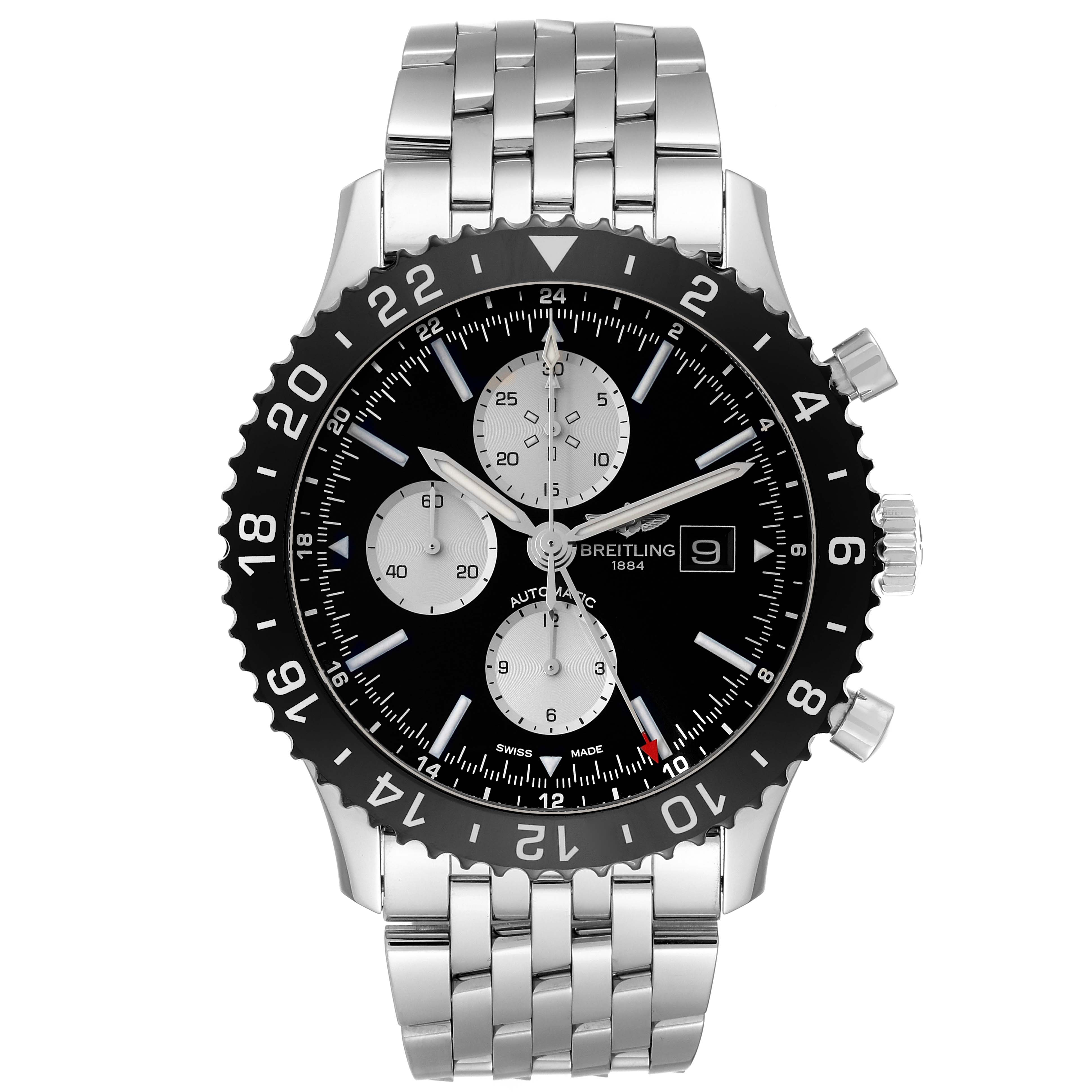 The image shows a Breitling Chronoliner Y2431012/BE10 Men's Stainless Steel Black Dial Y2431012/BE10 Men's Stainless Steel Black Dial watch from a top-down angle, highlighting the face, bezel, and bracelet.