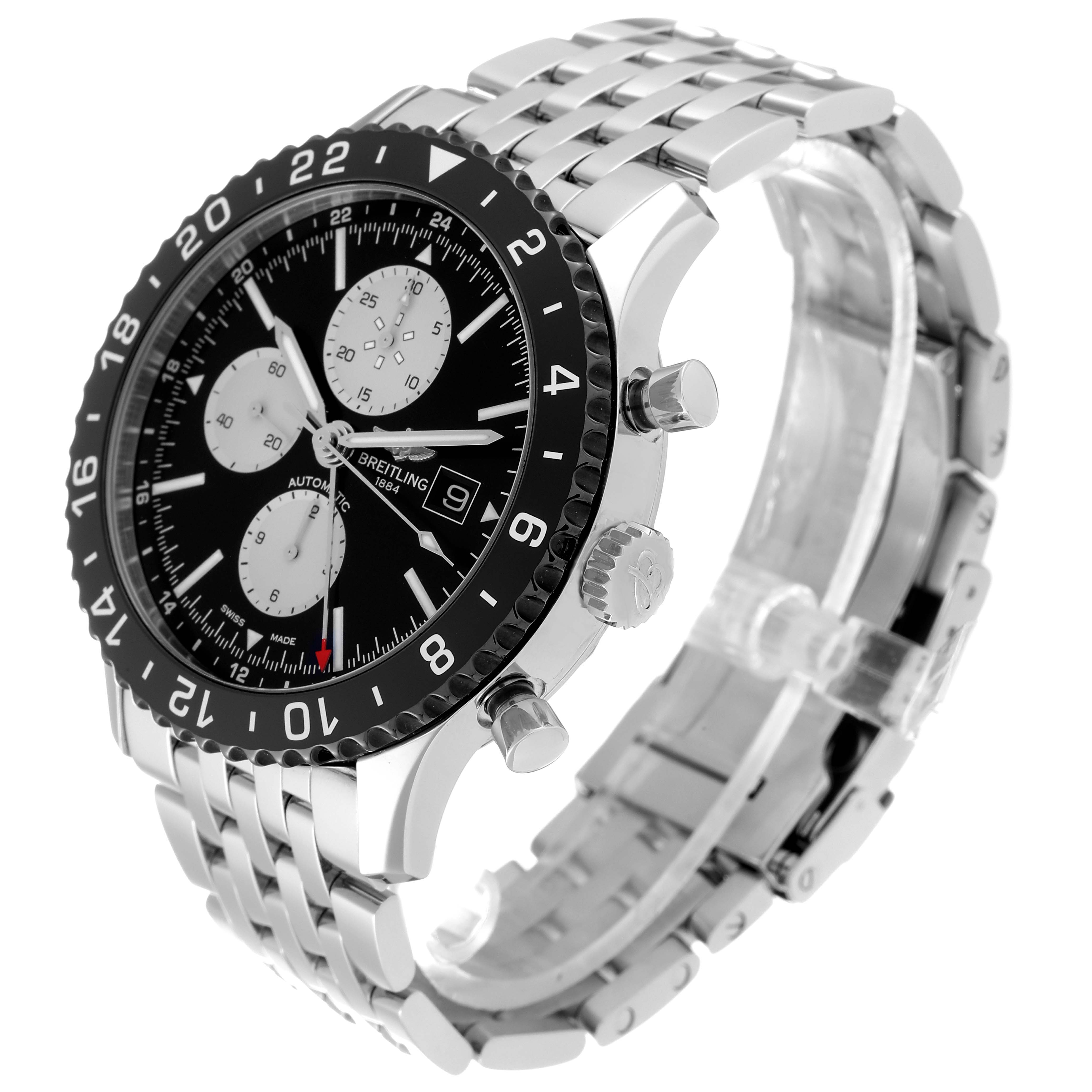 The image shows a side-angle view of a Breitling Chronoliner Y2431012/BE10 Men's Stainless Steel Black Dial Y2431012/BE10 Men's Stainless Steel Black Dial watch, highlighting its bezel, dial, and metal bracelet.