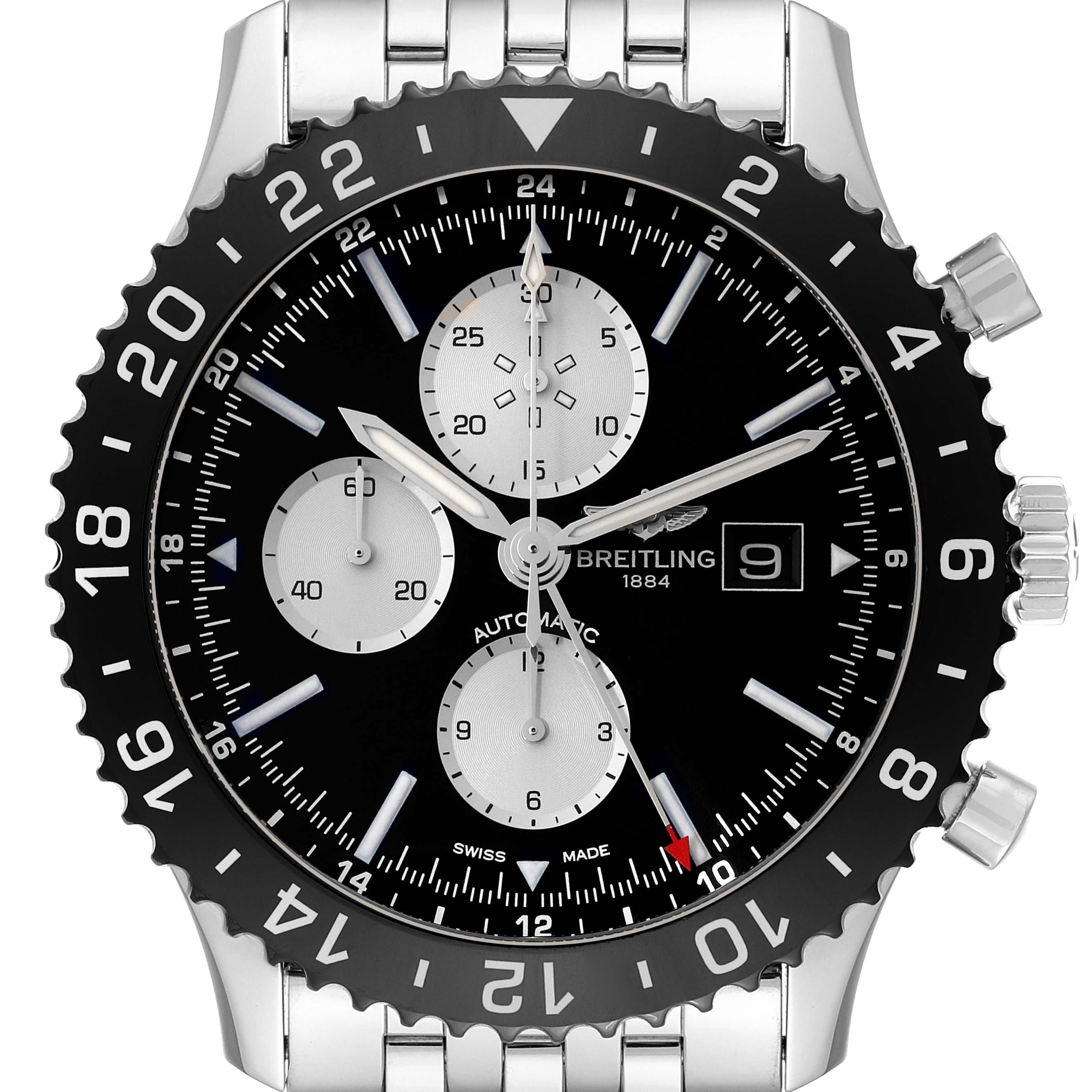 The image shows a front view of the Breitling Chronoliner Y2431012/BE10 Men's Stainless Steel Black Dial Y2431012/BE10 Men's Stainless Steel Black Dial watch, highlighting its bezel, black dial, three subdials, and date window.