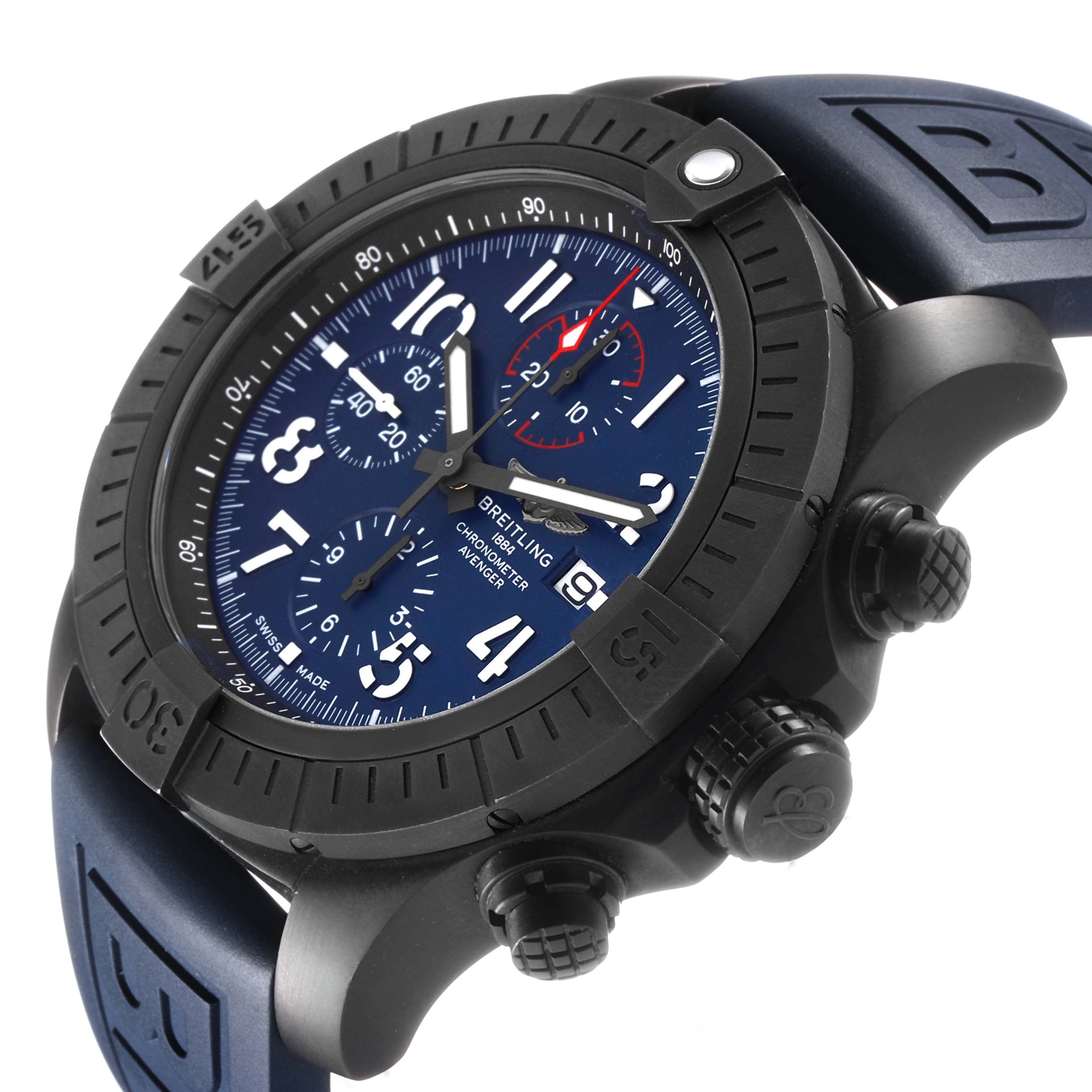 The Breitling Avenger V13375 Men's Titanium Blue Dial watch is shown at an angle highlighting the black bezel, blue dial, chronograph subdials, and textured crown.
