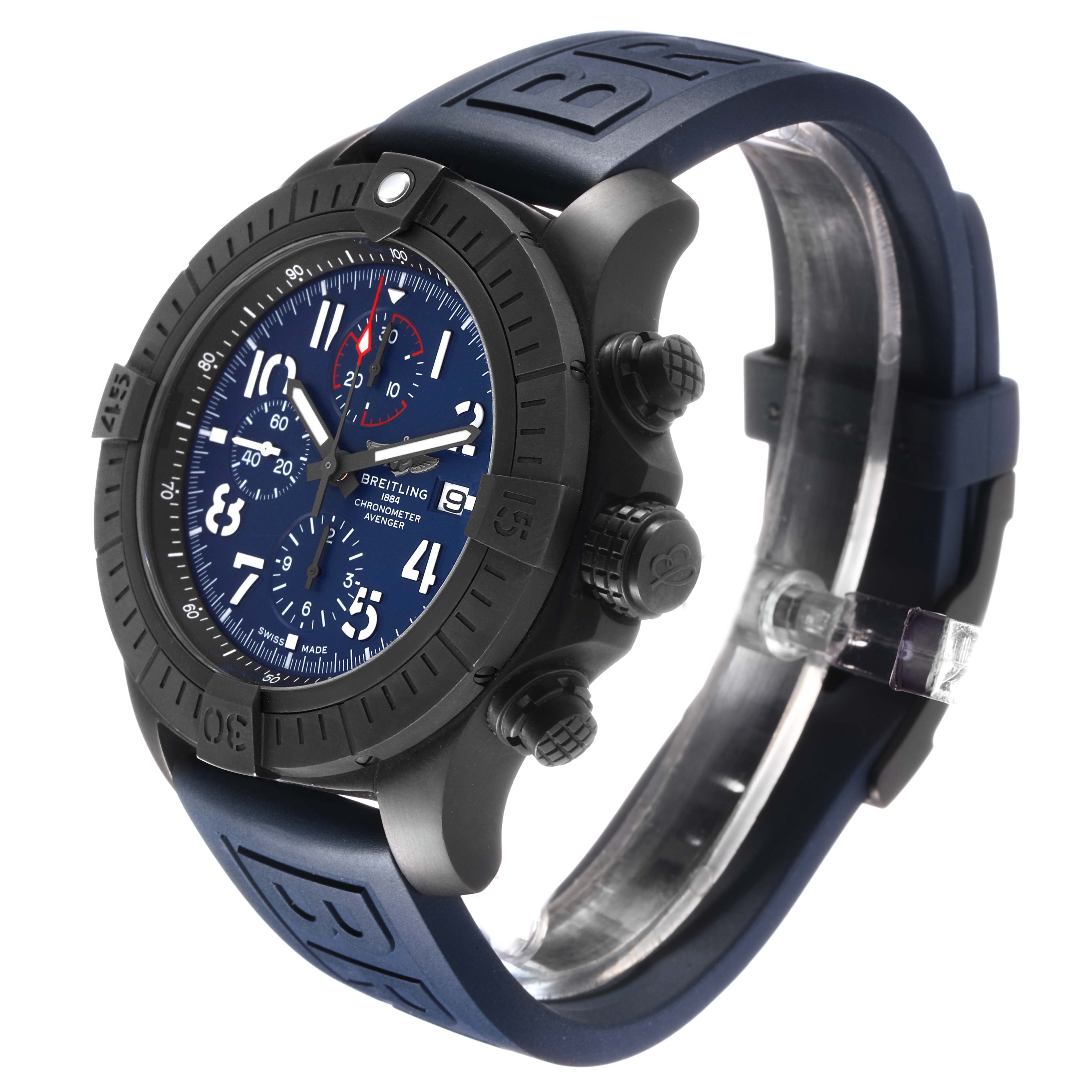 The Breitling Avenger V13375 Men's Titanium Blue Dial watch is shown at a three-quarter angle highlighting the bezel, dial, and side pushers with a blue strap.