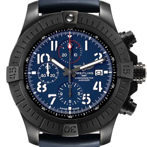 The Breitling Avenger V13375 Men's Titanium Blue Dial watch is shown from a front angle, displaying the face, bezel, and pushers.