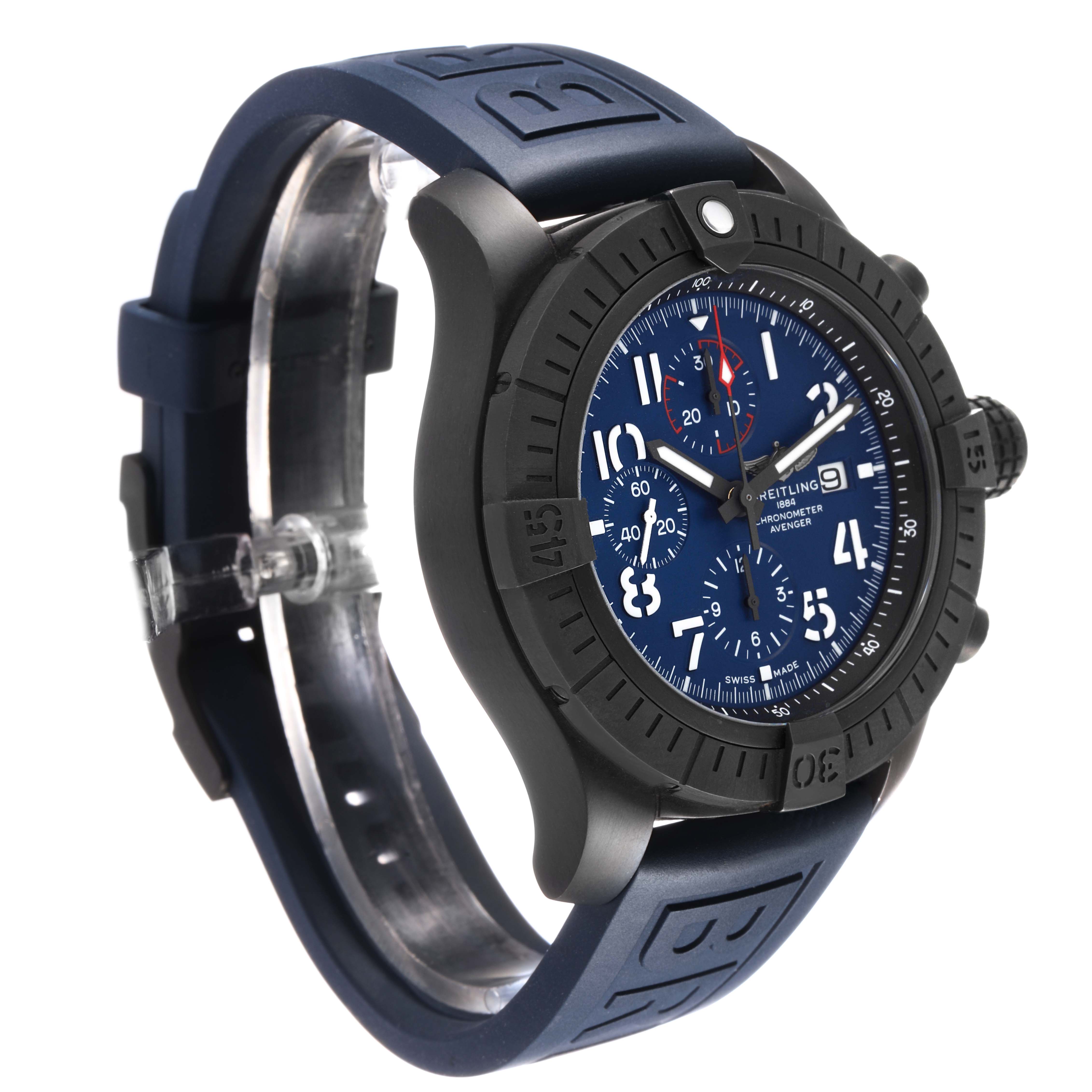 The Breitling Avenger V13375 Men's Titanium Blue Dial watch is shown at an angle displaying the face, bezel, and strap prominently.