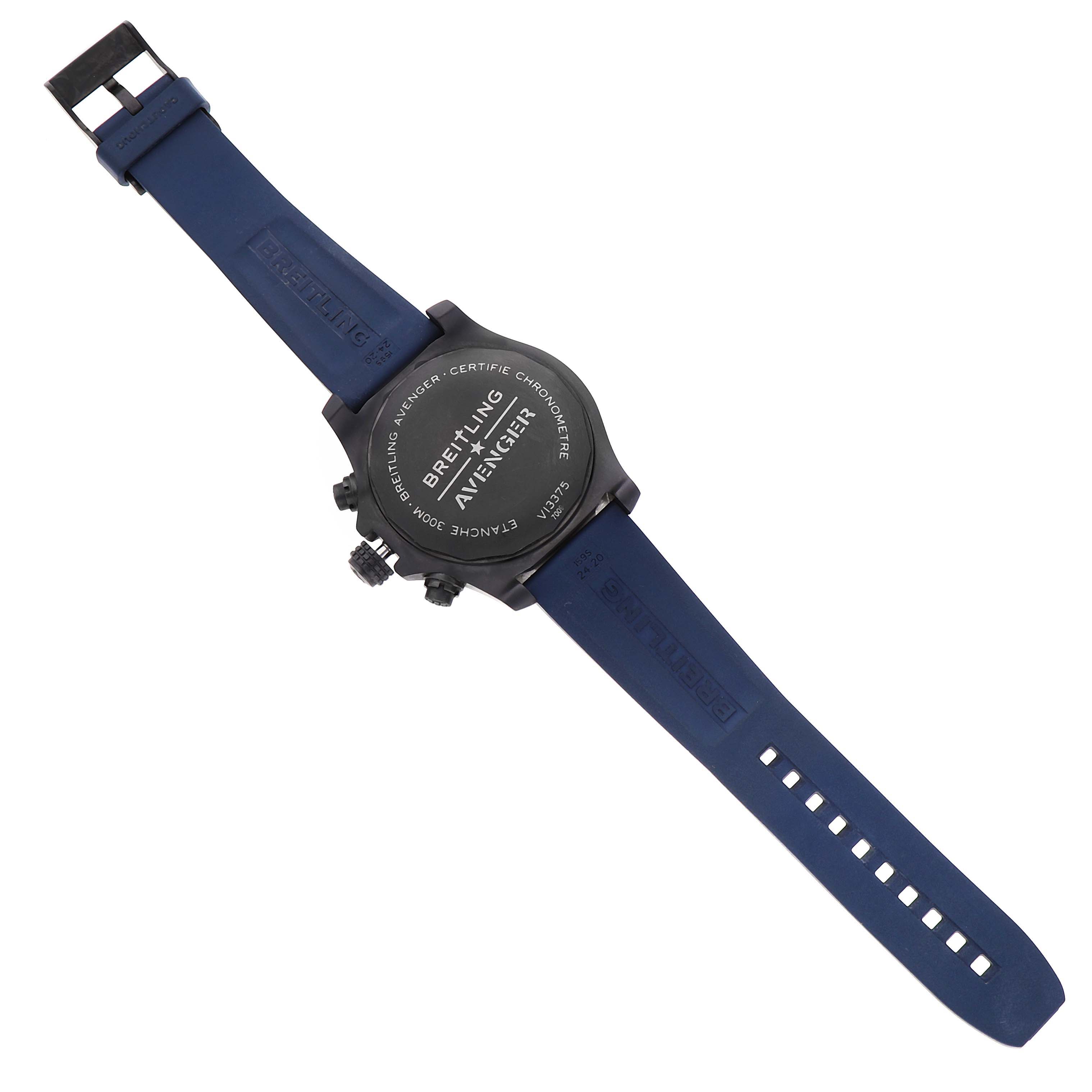 The Breitling Avenger V13375 Men's Titanium Blue Dial watch is shown from the back, highlighting the case back, crown, pushers, and blue strap.