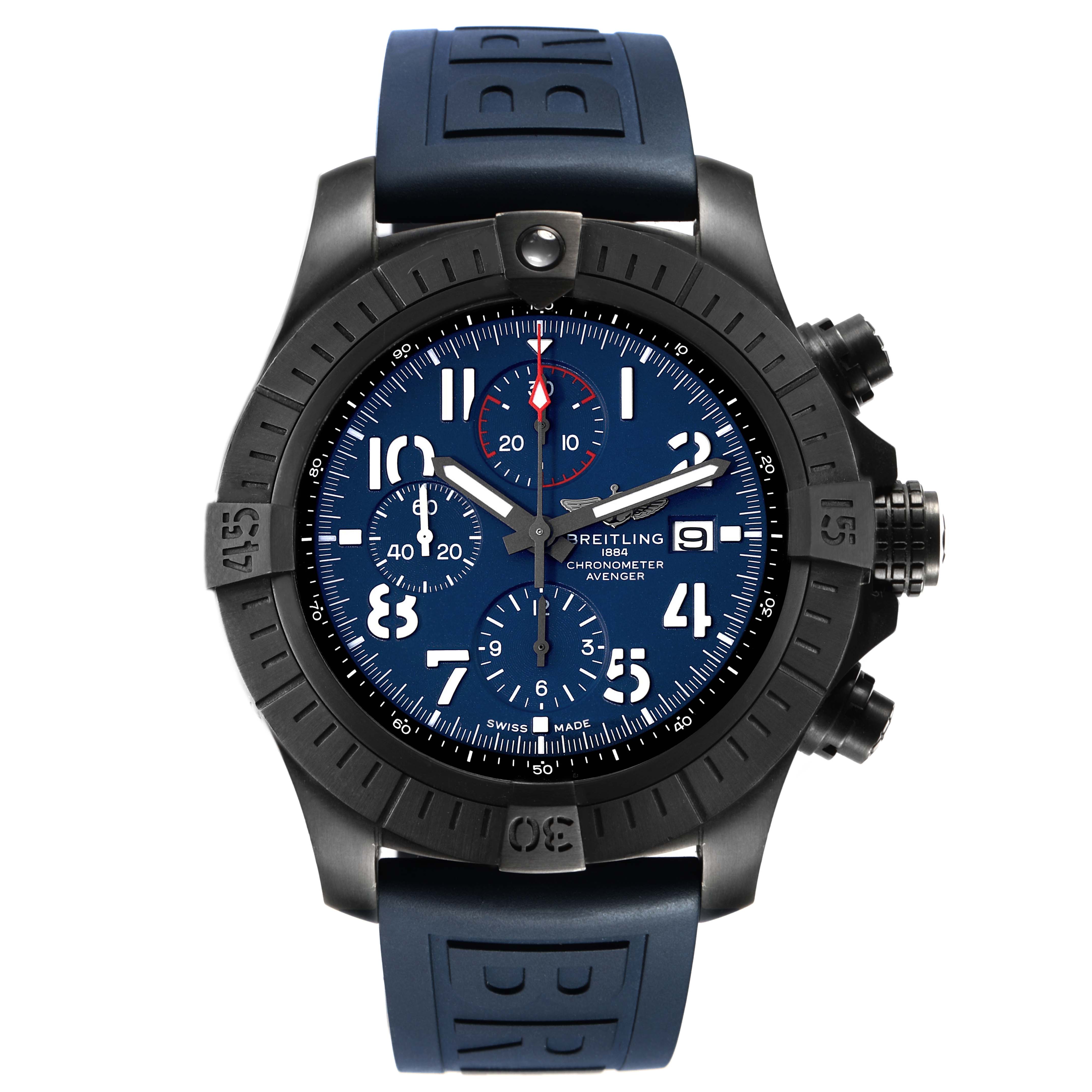 The Breitling Avenger V13375 Men's Titanium Blue Dial watch is shown from a top view, highlighting the blue dial, bezel, chronograph subdials, and strap.