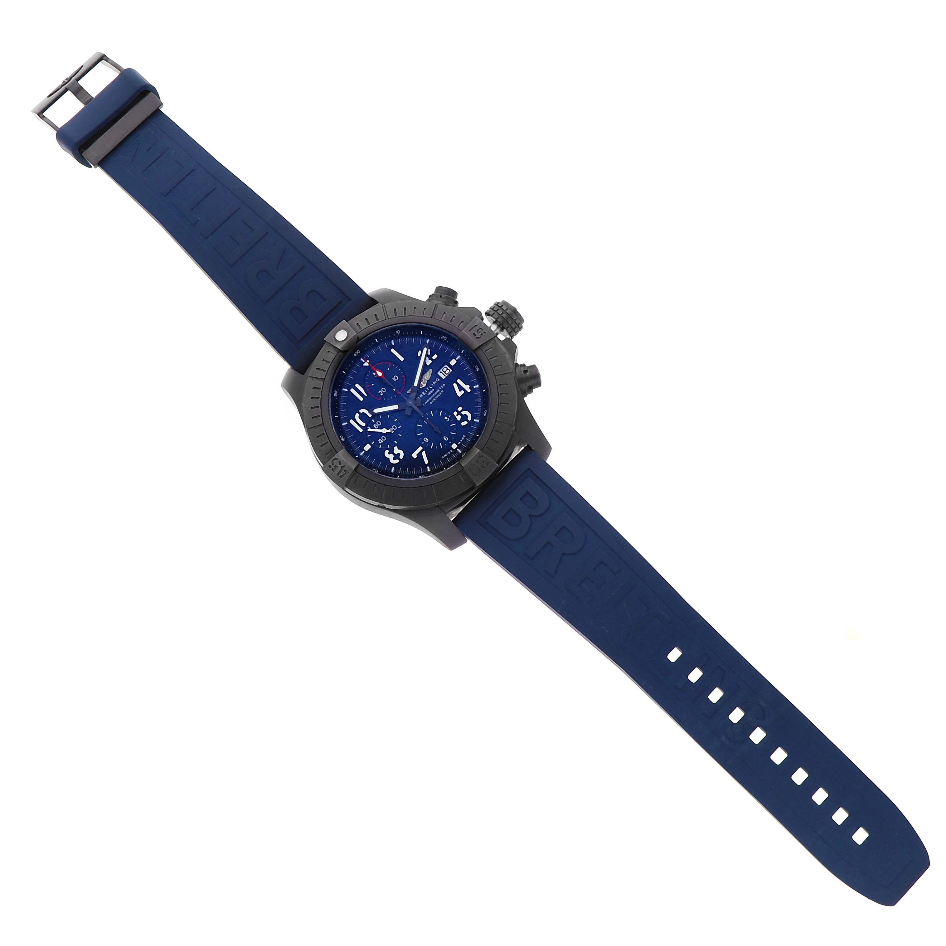 The Breitling Avenger V13375 Men's Titanium Blue Dial watch is shown from a top view, highlighting its blue dial and matching rubber strap.