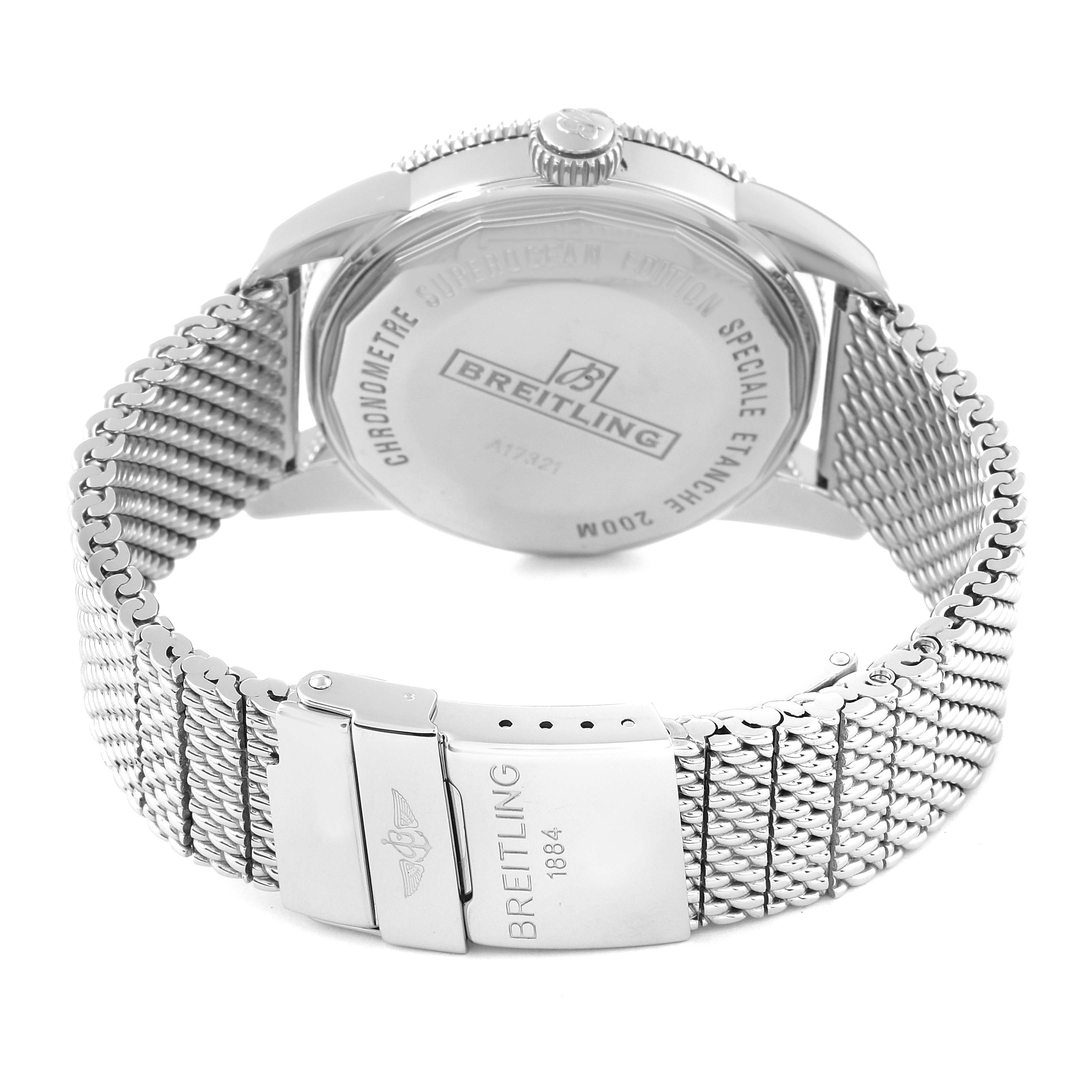 The image shows the back view of the Breitling Superocean A17321 Men's Stainless Steel Black Dial A17321 Men's Stainless Steel Black Dial watch, focusing on its case back and stainless steel mesh bracelet with clasp.