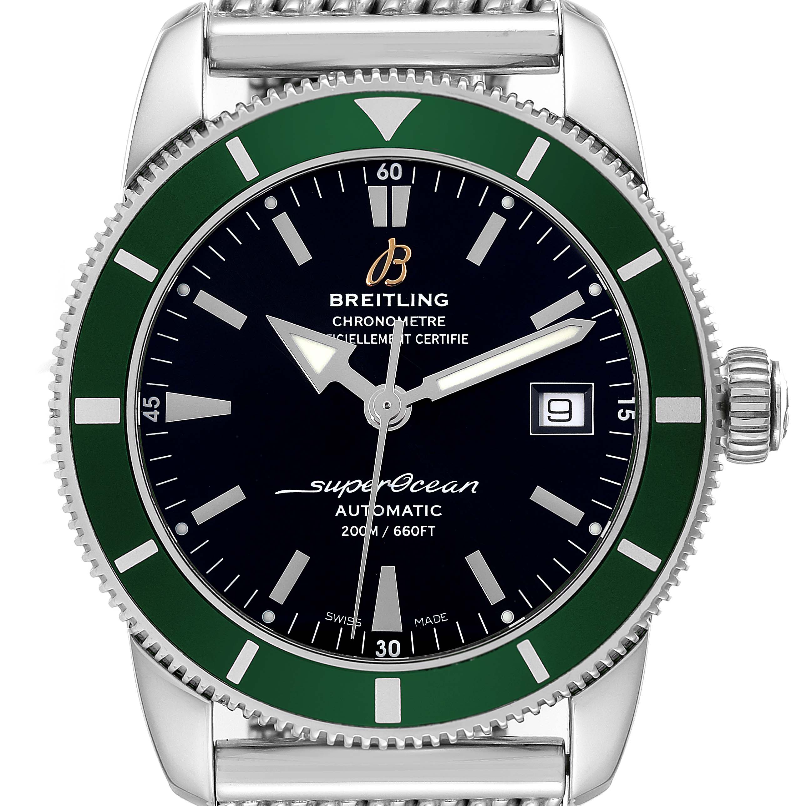 The image shows a front view of the Breitling Superocean A17321 Men's Stainless Steel Black Dial A17321 Men's Stainless Steel Black Dial watch, highlighting its green bezel, black dial, and stainless steel case and crown.