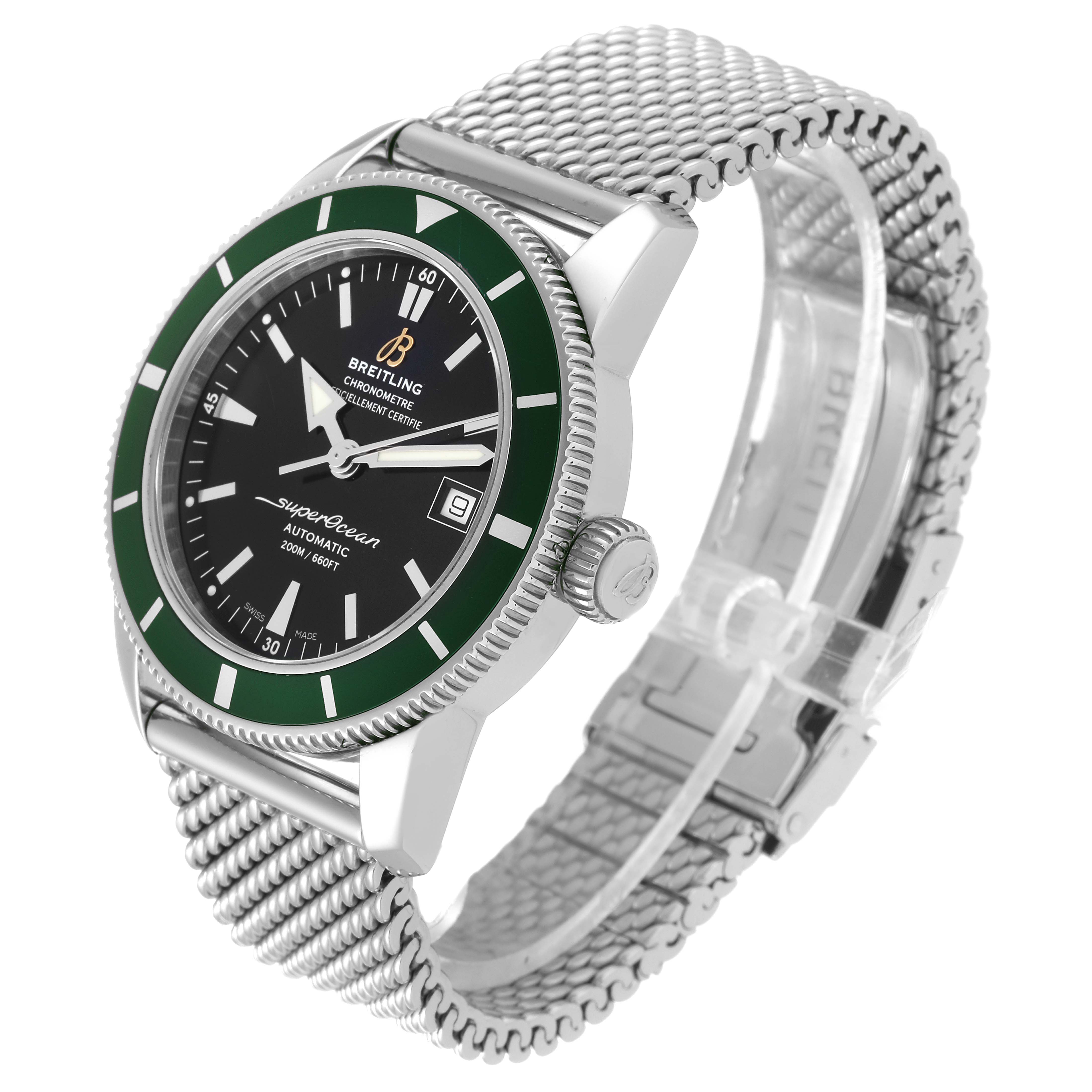 This image shows a Breitling Superocean A17321 Men's Stainless Steel Black Dial A17321 Men's Stainless Steel Black Dial watch at a three-quarter angle, displaying the face, bezel, crown, and metal mesh strap.